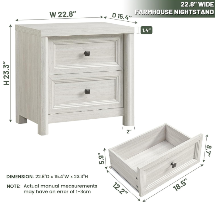 White Night Stands Set of 2, Bedside Tables Nightstands with 2 Drawers Storage, 22.8 Large Rustic Wood Night Stand, Bed Side Table for Bedroom Living Room Sofa Couch Office