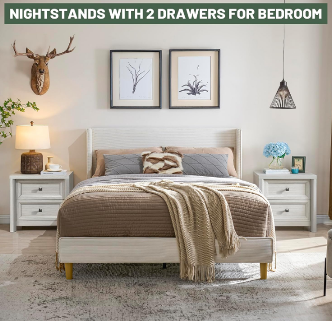 White Night Stands Set of 2, Bedside Tables Nightstands with 2 Drawers Storage, 22.8 Large Rustic Wood Night Stand, Bed Side Table for Bedroom Living Room Sofa Couch Office
