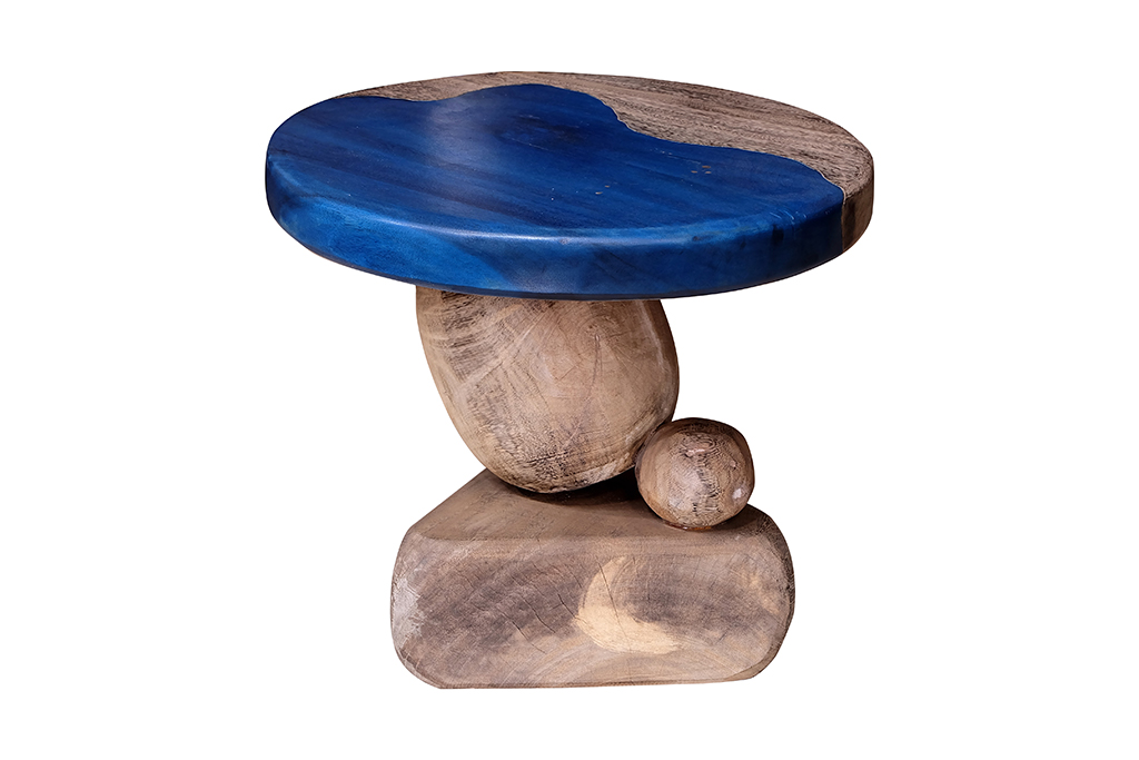 Stool Kayu-Dudukan Biru Abstrak