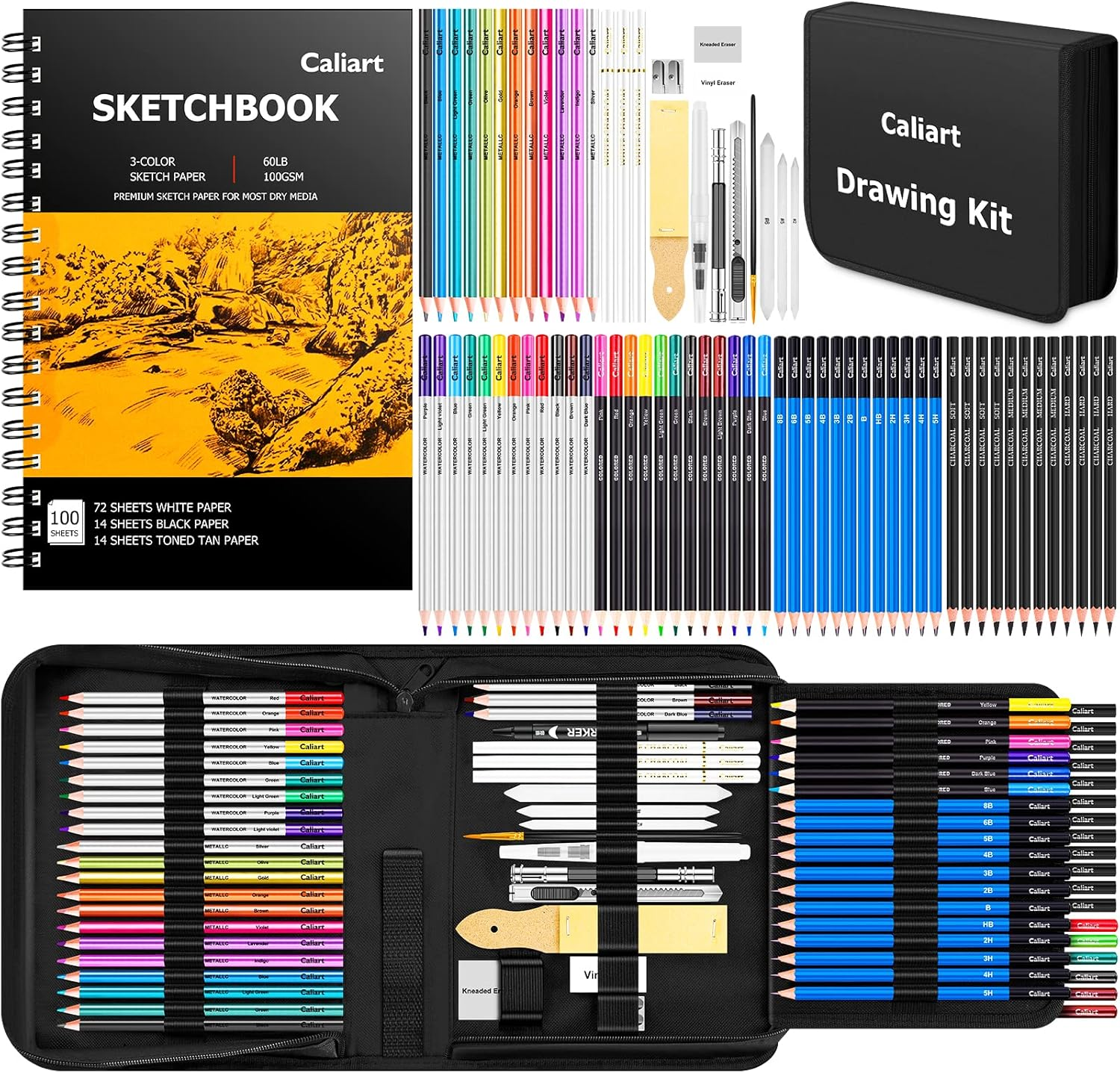 CALIART 176PCS ART SUPPLIES SKETCHING KIT WITH 100 SHEETS 3-COLOR SKETCH BOOK, GRAPHITE COLORED CHARCOAL WATERCOLOR & METALLIC PENCILS, SCHOOL SUPPLIES GIFTS FOR ARTISTS ADULTS TEENS GIRLS BOYS KIDS