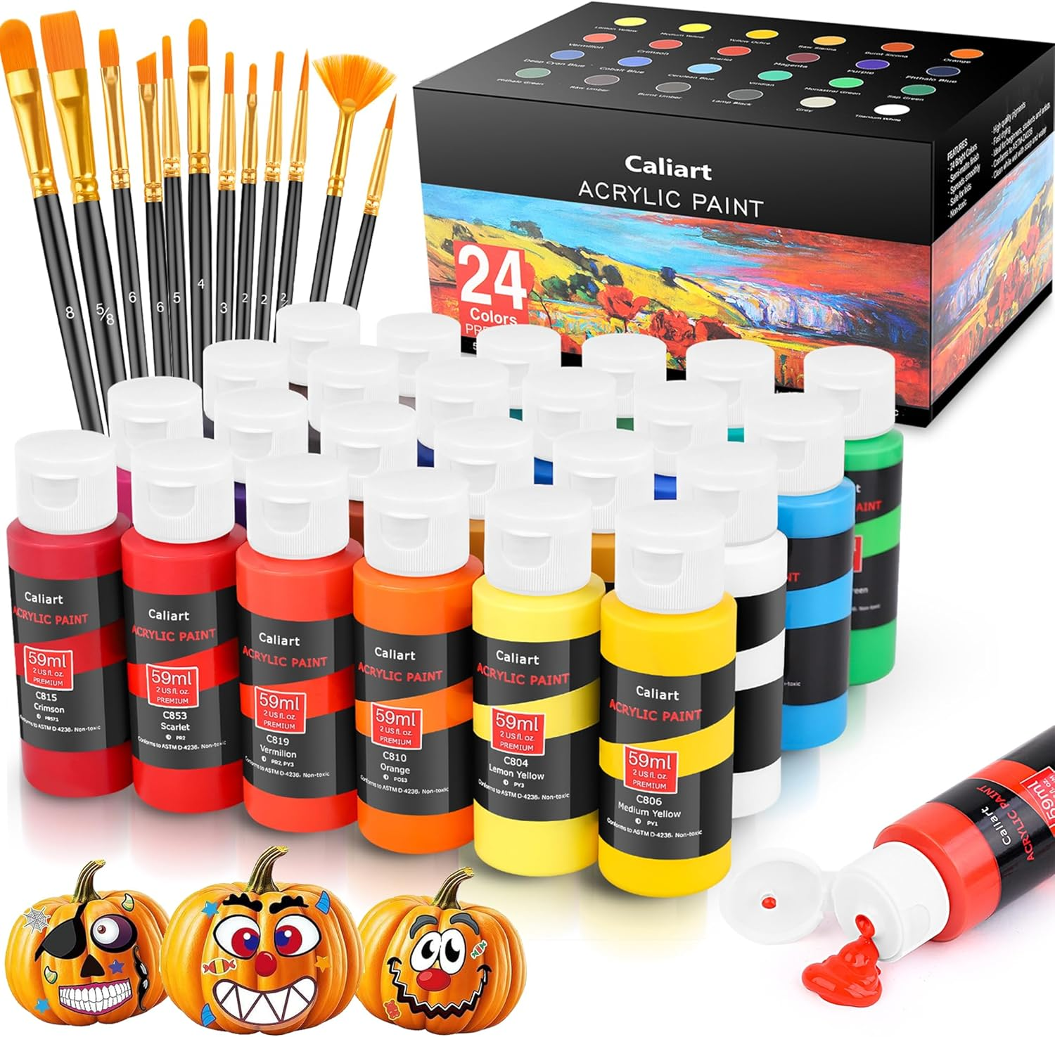 CALIART ACRYLIC PAINT SET WITH 12 BRUSHES, 24 COLORS (59ML, 2OZ) ART CRAFT PAINTS GIFTS FOR ARTISTS KIDS BEGINNERS & PAINTERS, HALLOWEEN PUMPKIN CANVAS CERAMIC ROCK PAINTING KIT ART SUPPLIES