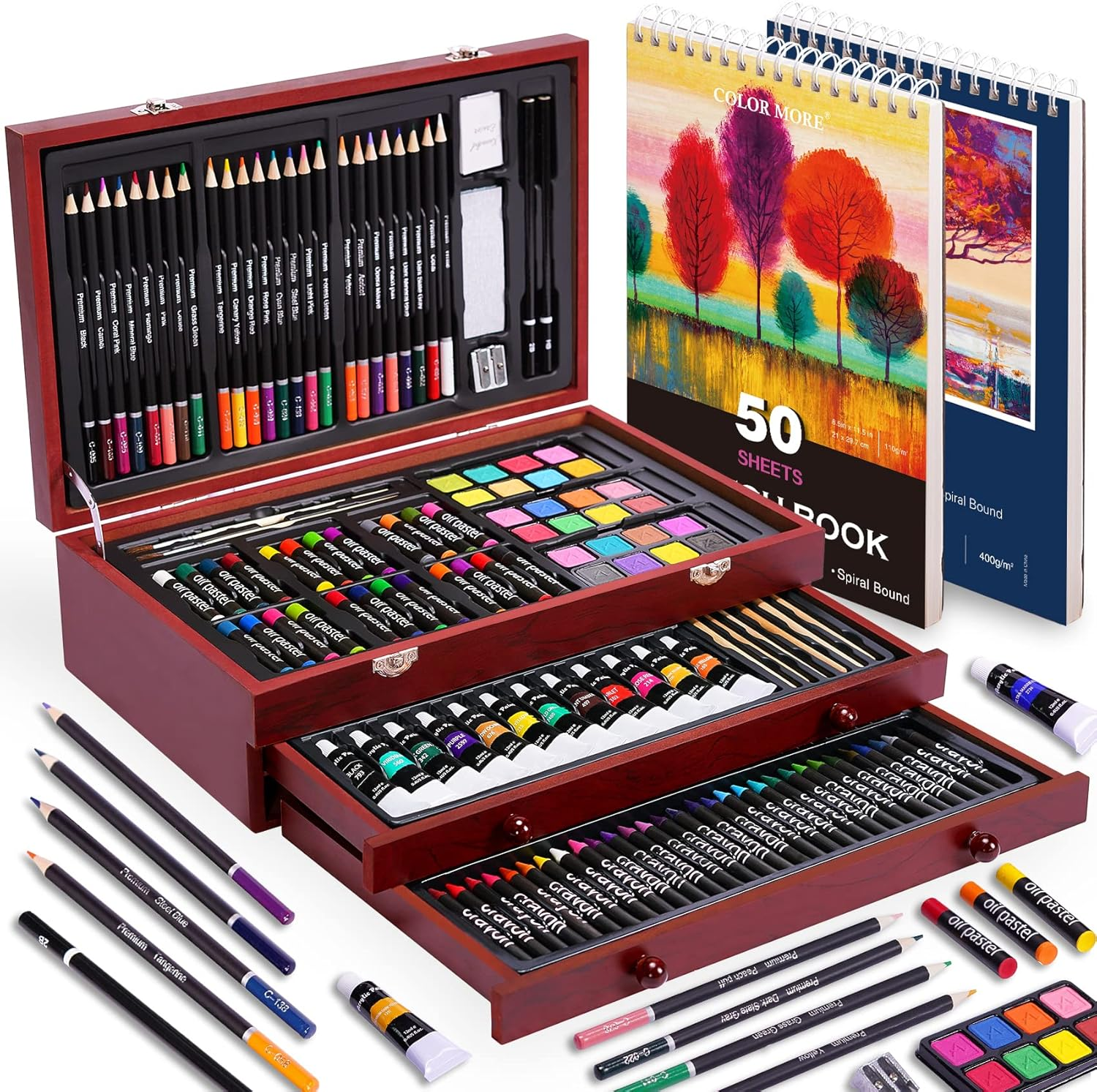 175 PIECE DELUXE ART SET WITH 2 DRAWING PADS, ACRYLIC PAINTS, CRAYONS, COLORED PENCILS SET IN WOODEN CASE, PROFESSIONAL ART KIT, FOR ADULTS, TEENS AND ARTIST, PAINT SUPPLIES