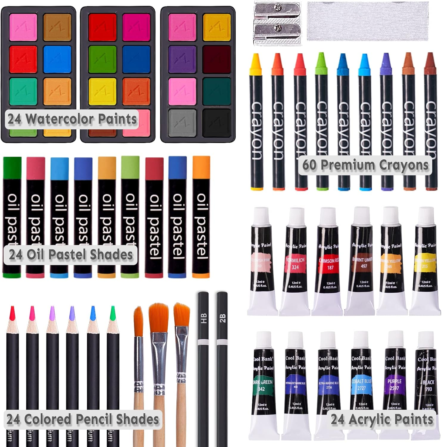 175 PIECE DELUXE ART SET WITH 2 DRAWING PADS, ACRYLIC PAINTS, CRAYONS, COLORED PENCILS SET IN WOODEN CASE, PROFESSIONAL ART KIT, FOR ADULTS, TEENS AND ARTIST, PAINT SUPPLIES