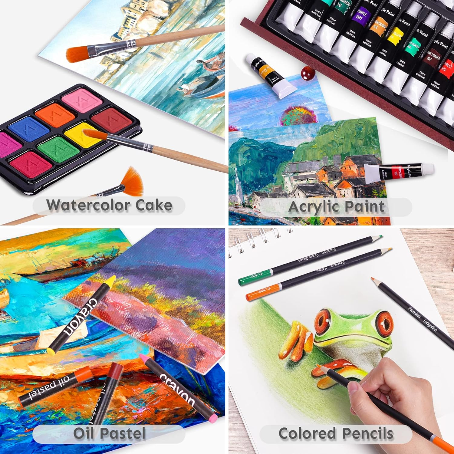 175 PIECE DELUXE ART SET WITH 2 DRAWING PADS, ACRYLIC PAINTS, CRAYONS, COLORED PENCILS SET IN WOODEN CASE, PROFESSIONAL ART KIT, FOR ADULTS, TEENS AND ARTIST, PAINT SUPPLIES