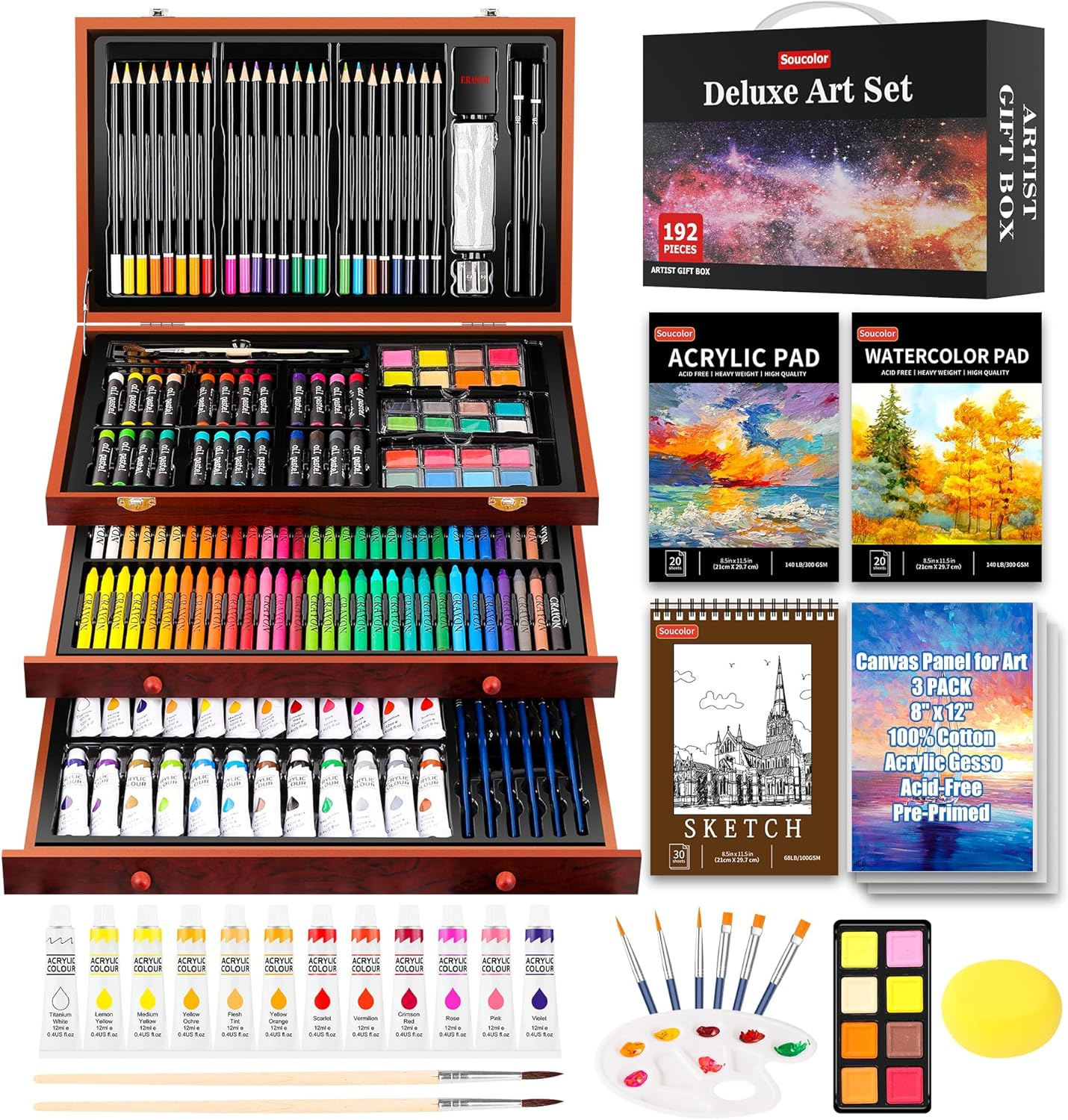 SOUCOLOR ART SUPPLIES, 192-PACK DELUXE ART SET DRAWING PAINTING SUPPLIES ART KIT WITH ACRYLIC PAD, WATERCOLOR PAD, SKETCH BOOK, CANVASES, ACRYLIC PAINT, CRAYONS, PENCILS, GIFTS FOR ARTISTS ADULTS KIDS