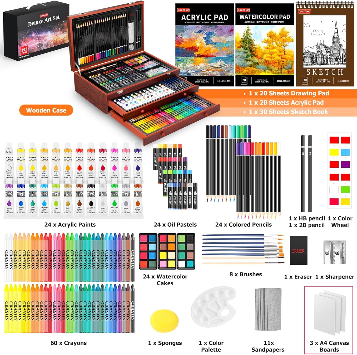 SOUCOLOR ART SUPPLIES, 192-PACK DELUXE ART SET DRAWING PAINTING SUPPLIES ART KIT WITH ACRYLIC PAD, WATERCOLOR PAD, SKETCH BOOK, CANVASES, ACRYLIC PAINT, CRAYONS, PENCILS, GIFTS FOR ARTISTS ADULTS KIDS