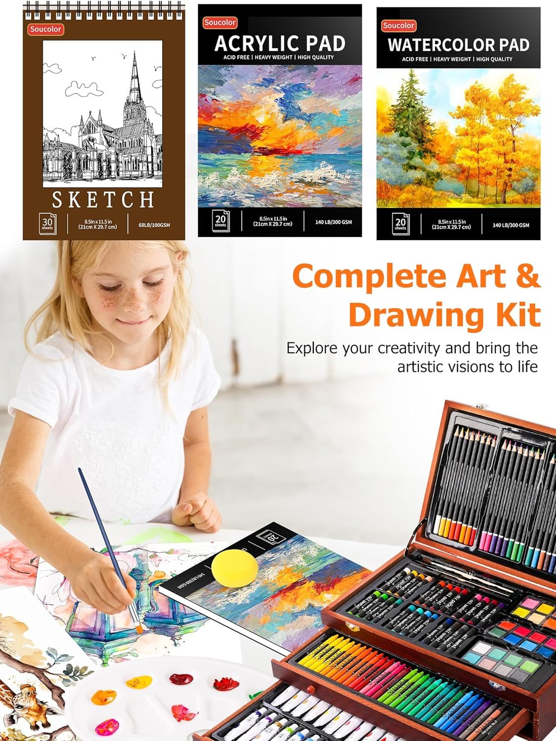 SOUCOLOR ART SUPPLIES, 192-PACK DELUXE ART SET DRAWING PAINTING SUPPLIES ART KIT WITH ACRYLIC PAD, WATERCOLOR PAD, SKETCH BOOK, CANVASES, ACRYLIC PAINT, CRAYONS, PENCILS, GIFTS FOR ARTISTS ADULTS KIDS