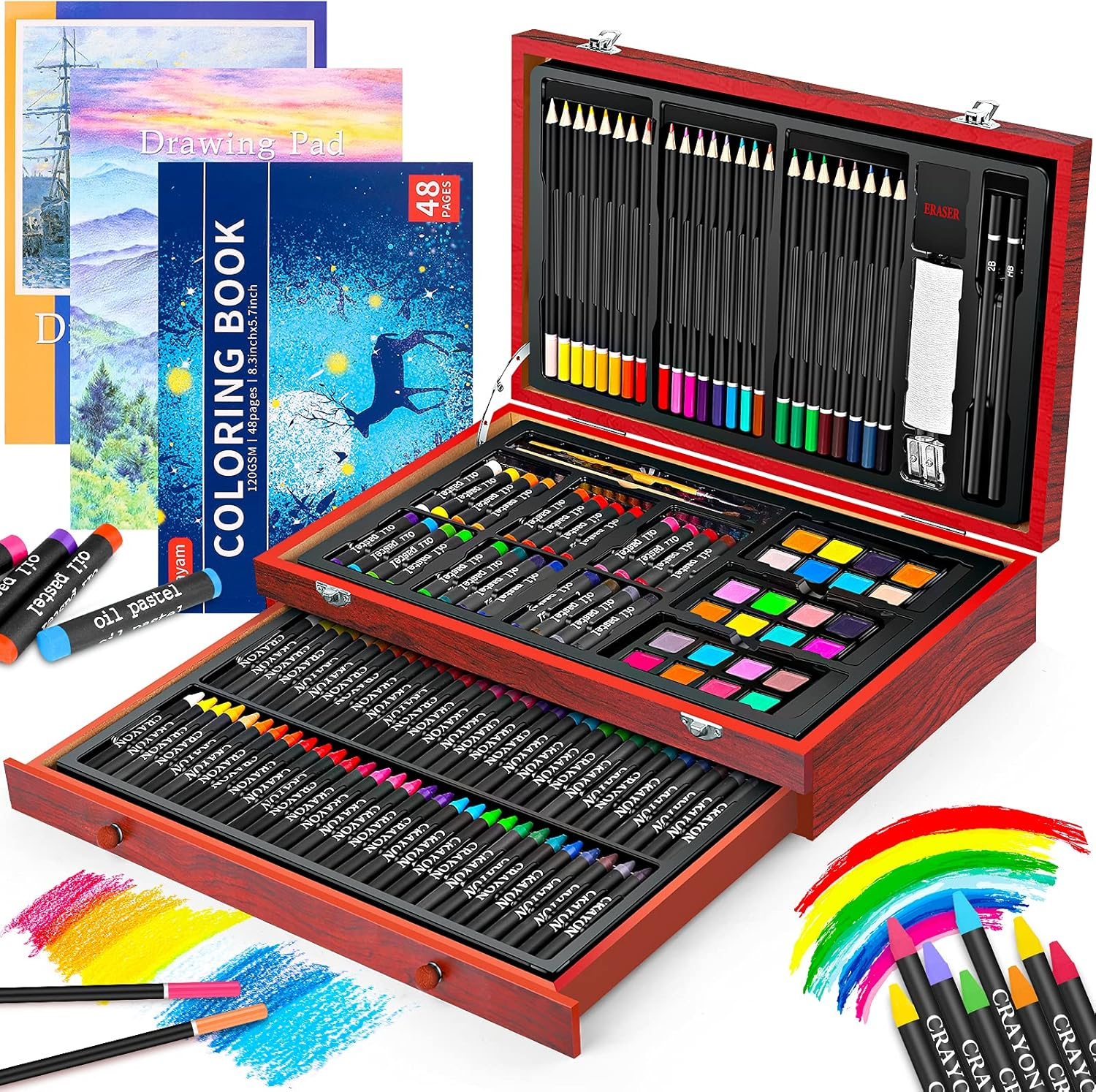 IBAYAM ART SUPPLIES, 150-PACK DELUXE WOODEN ART SET CRAFTS DRAWING PAINTING KIT WITH 1 COLORING BOOK, 2 SKETCH PADS, CREATIVE GIFT BOX FOR ADULTS ARTIST BEGINNERS KIDS GIRLS BOYS