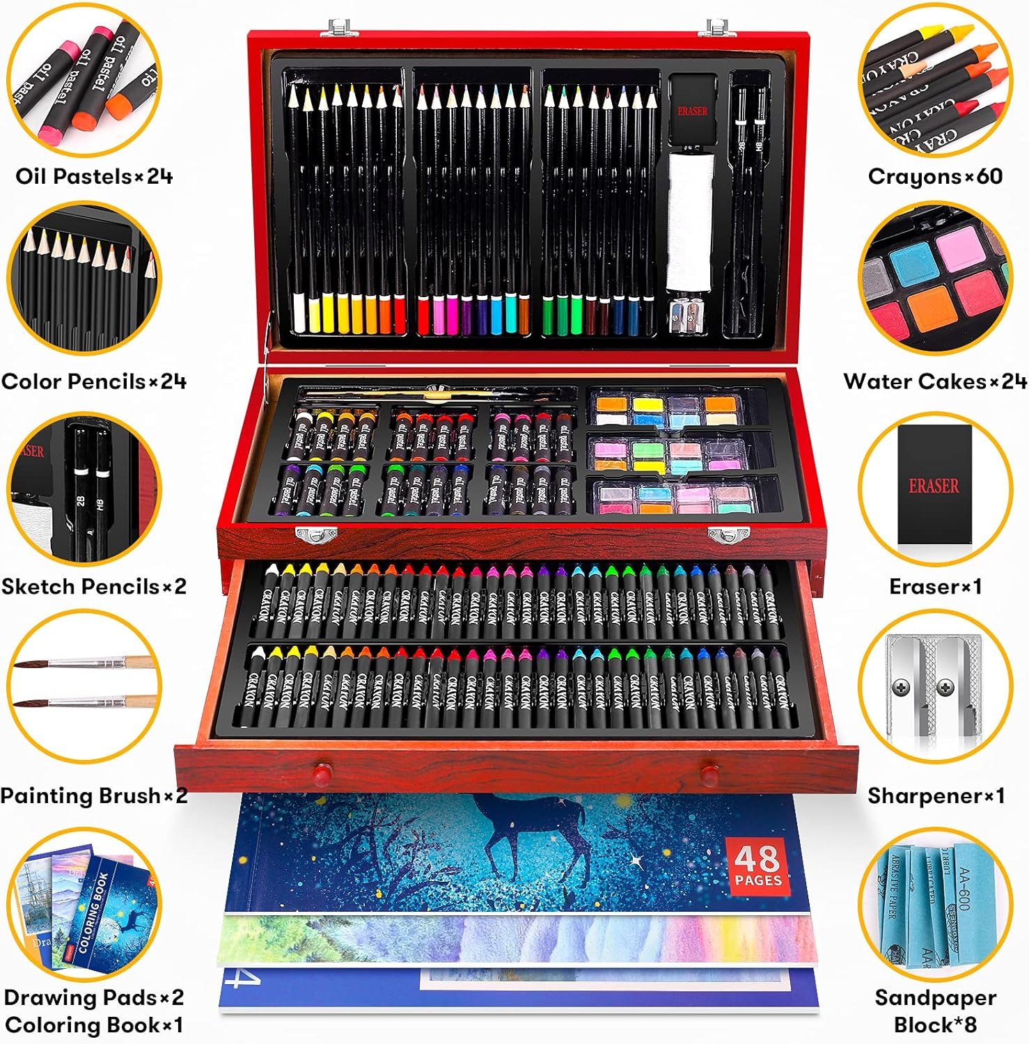 IBAYAM ART SUPPLIES, 150-PACK DELUXE WOODEN ART SET CRAFTS DRAWING PAINTING KIT WITH 1 COLORING BOOK, 2 SKETCH PADS, CREATIVE GIFT BOX FOR ADULTS ARTIST BEGINNERS KIDS GIRLS BOYS