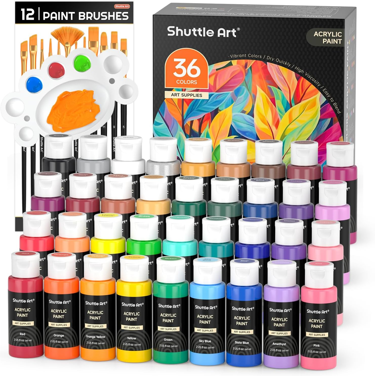 SHUTTLE ART ACRYLIC PAINT SET, 36 COLORS ACRYLIC PAINT WITH BRUSHES & PALETTE, 2OZ BOTTLES, RICH PIGMENTS NON-TOXIC PAINT FOR ARTISTS KIDS & ADULTS, ART SUPPLIES FOR CANVAS ROCK CERAMIC WOOD PAINTING