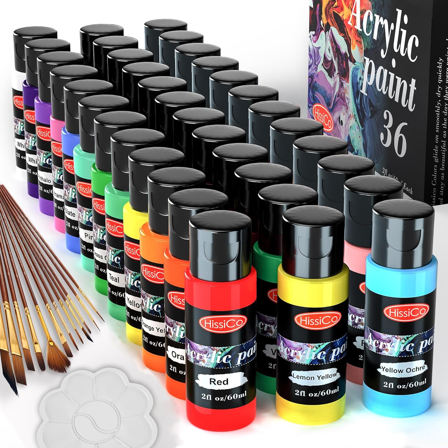 ACRYLIC PAINT SET OF 36 COLORS 2FL OZ 60ML BOTTLES, NON TOXIC 36 COLORS ACRYLIC PAINT NO FADING RICH PIGMENT FOR KIDS ADULTS ARTISTS CANVAS CRAFTS WOOD PAINTING
