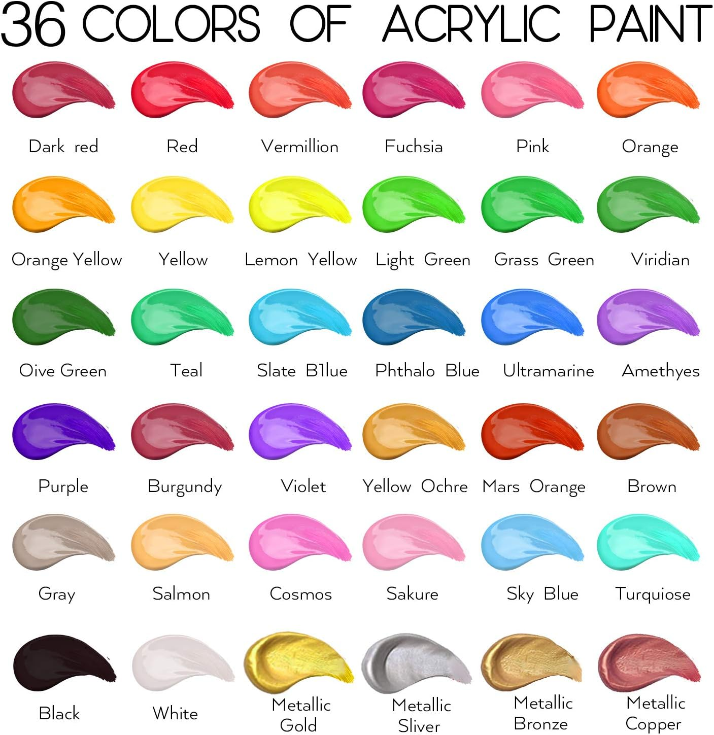 ACRYLIC PAINT SET OF 36 COLORS 2FL OZ 60ML BOTTLES, NON TOXIC 36 COLORS ACRYLIC PAINT NO FADING RICH PIGMENT FOR KIDS ADULTS ARTISTS CANVAS CRAFTS WOOD PAINTING