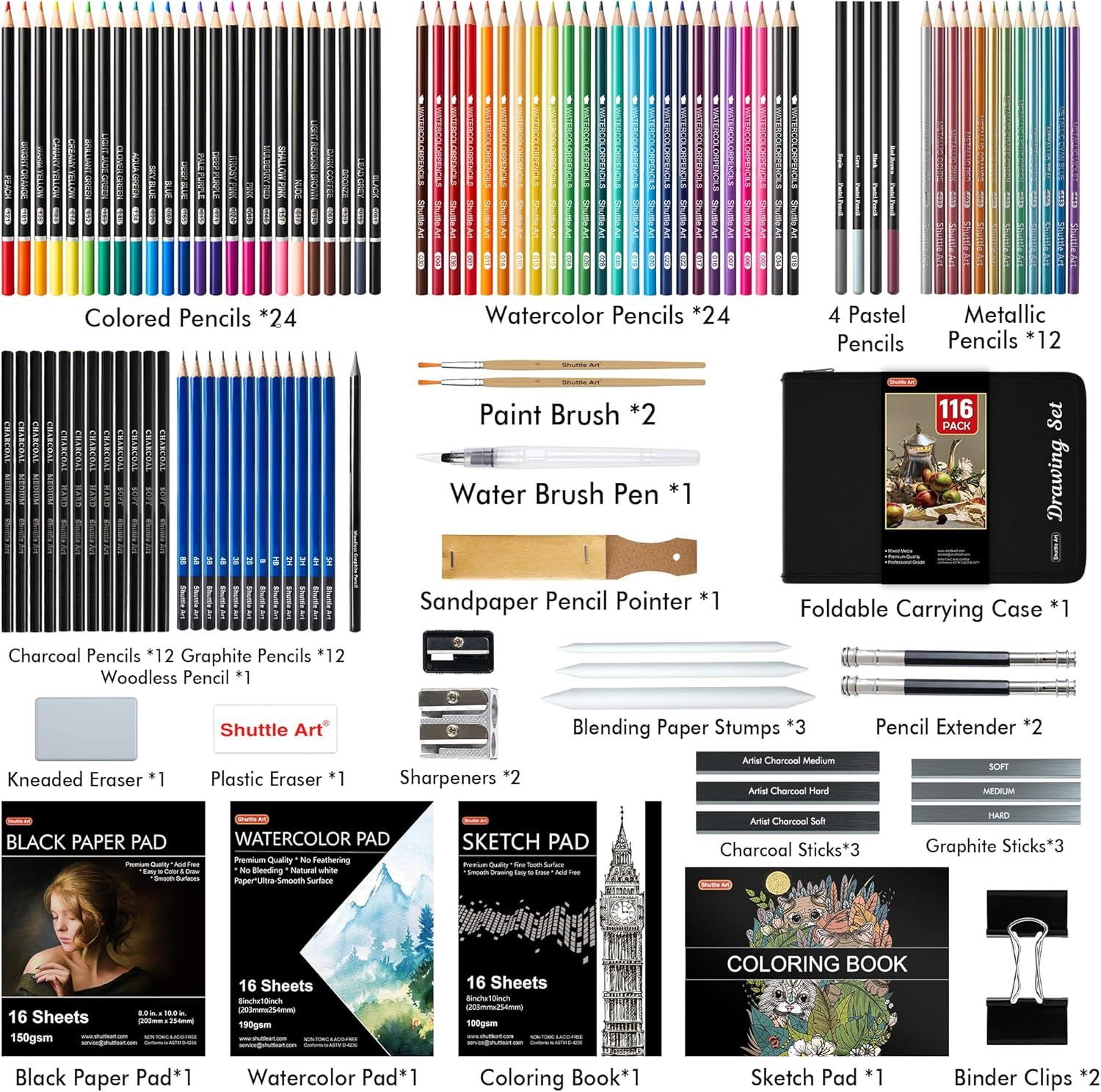 SHUTTLE ART 116 PCS DRAWING KIT, PROFESSIONAL DRAWING SUPPLIES WITH SKETCH, CHARCOAL, COLORED, GRAPHITE, PASTEL PENCILS & STICKS, COMPLETE DRAWING TOOLS AND PAPER PADS IN ZIPPER CASE FOR ARTISTS & KIDS