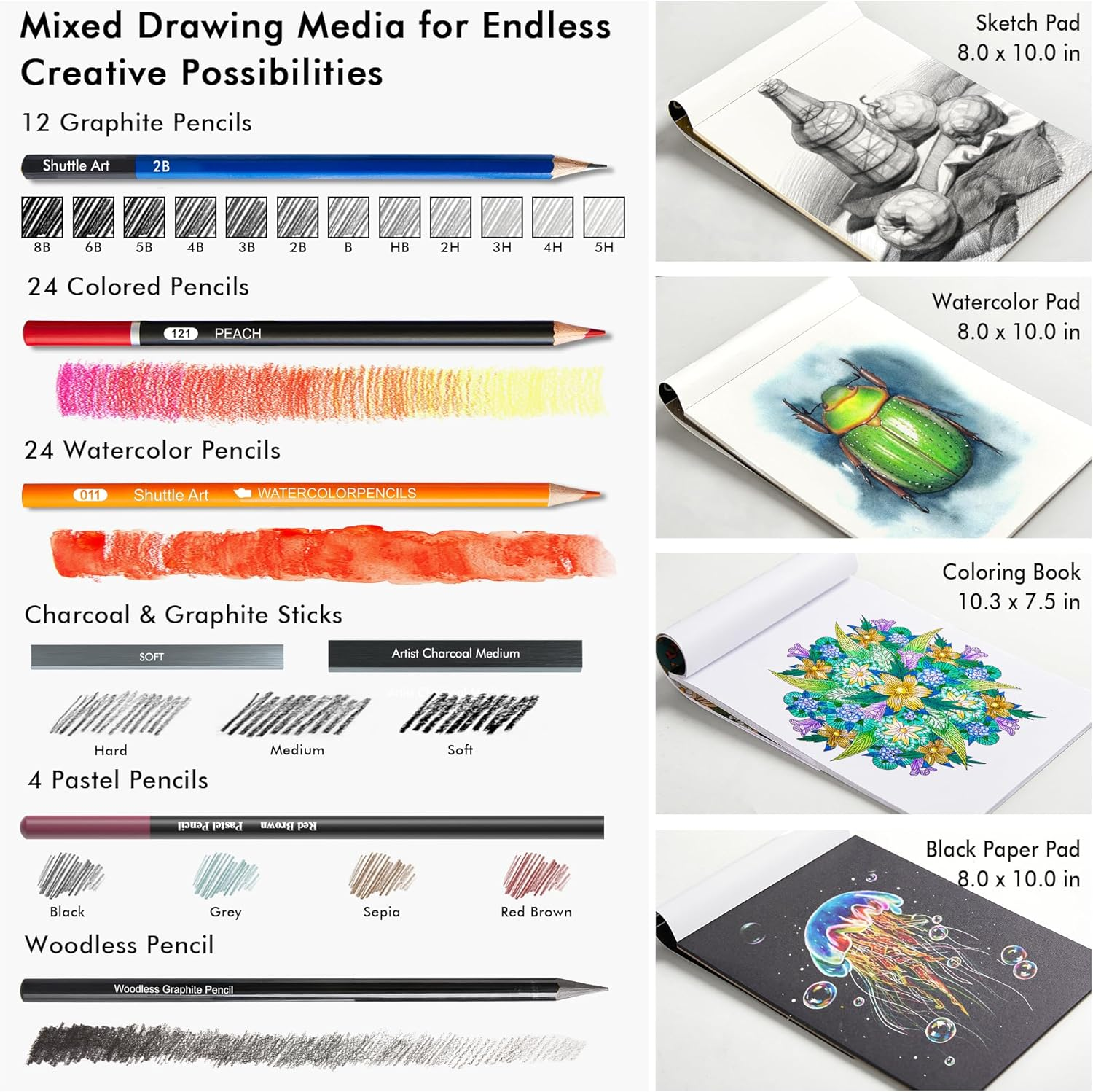 SHUTTLE ART 116 PCS DRAWING KIT, PROFESSIONAL DRAWING SUPPLIES WITH SKETCH, CHARCOAL, COLORED, GRAPHITE, PASTEL PENCILS & STICKS, COMPLETE DRAWING TOOLS AND PAPER PADS IN ZIPPER CASE FOR ARTISTS & KIDS