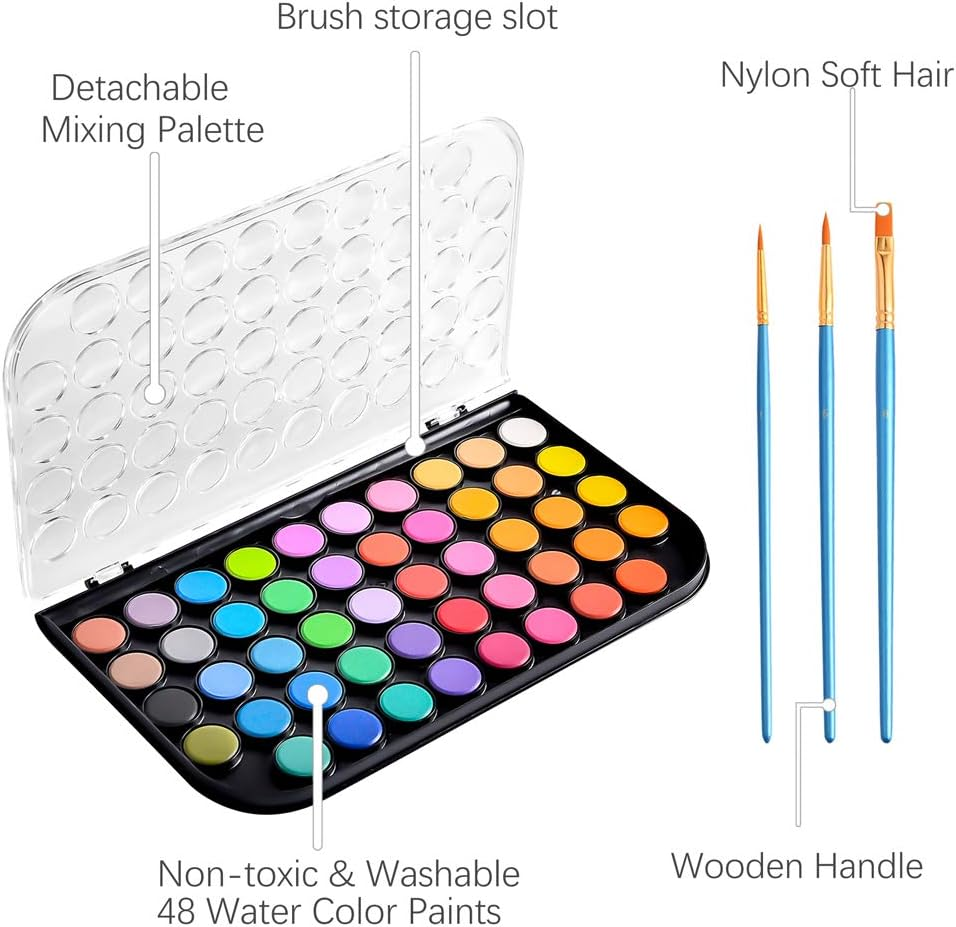 UPGRADED 48 COLORS WASHABLE WATERCOLOR PAINT SET WITH 3 BRUSHES AND PALETTE, NON-TOXIC PAINTS SETS FOR KIDS, ADULTS, BEGINNERS ARTISTS, MAKE YOUR PAINTING TALK