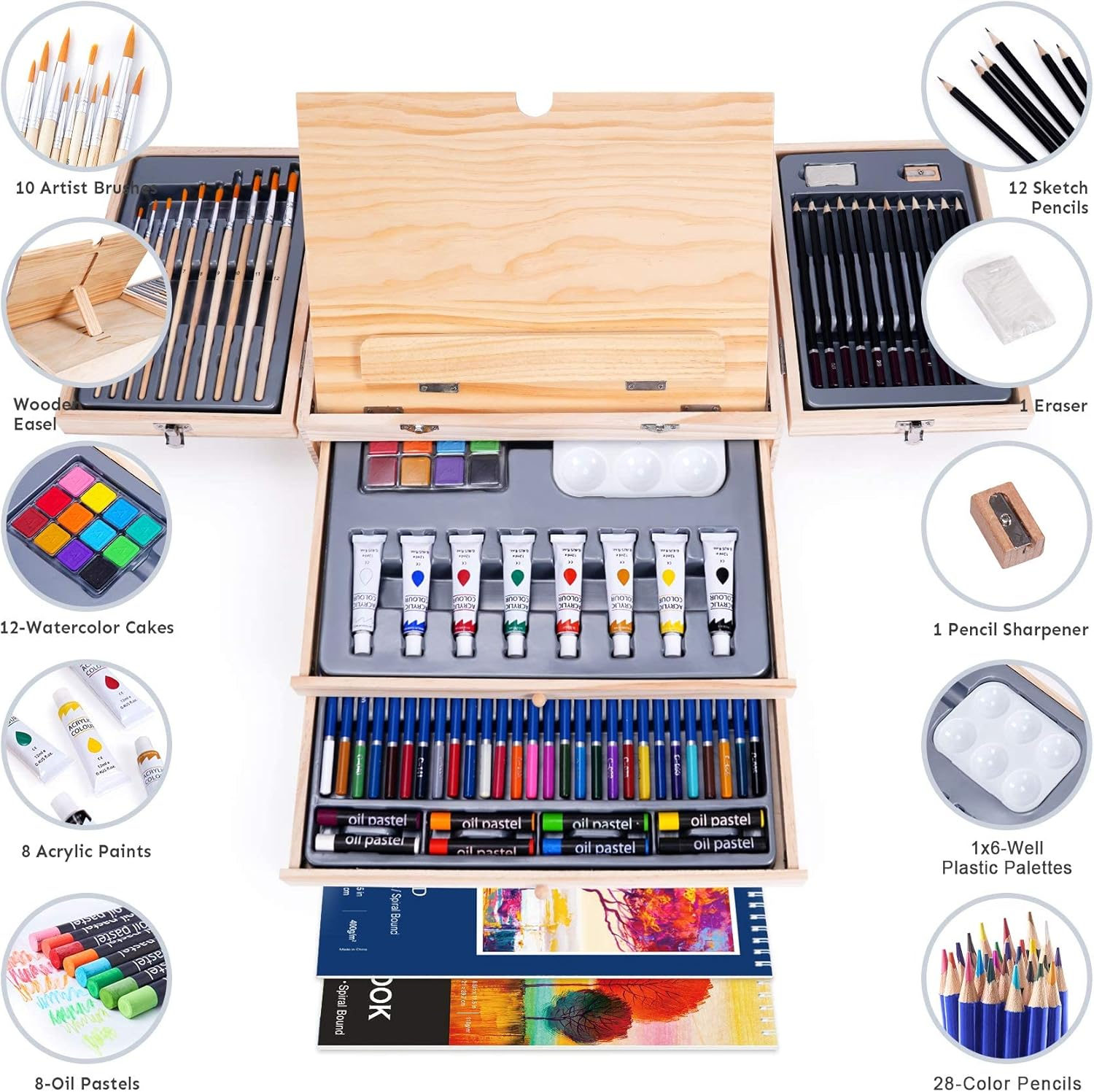 85 PIECE DELUXE WOODEN ART SUPPLIES, ART KIT WITH EASEL AND ACRYLIC PAD, ART SET FOR TEENS, ADULTS AND ARTIST BEGINNERS, CREATIVE GIFT BOX WITH WOODEN CASE, SKETCHING PENCILS, ARTIST BRUSHES