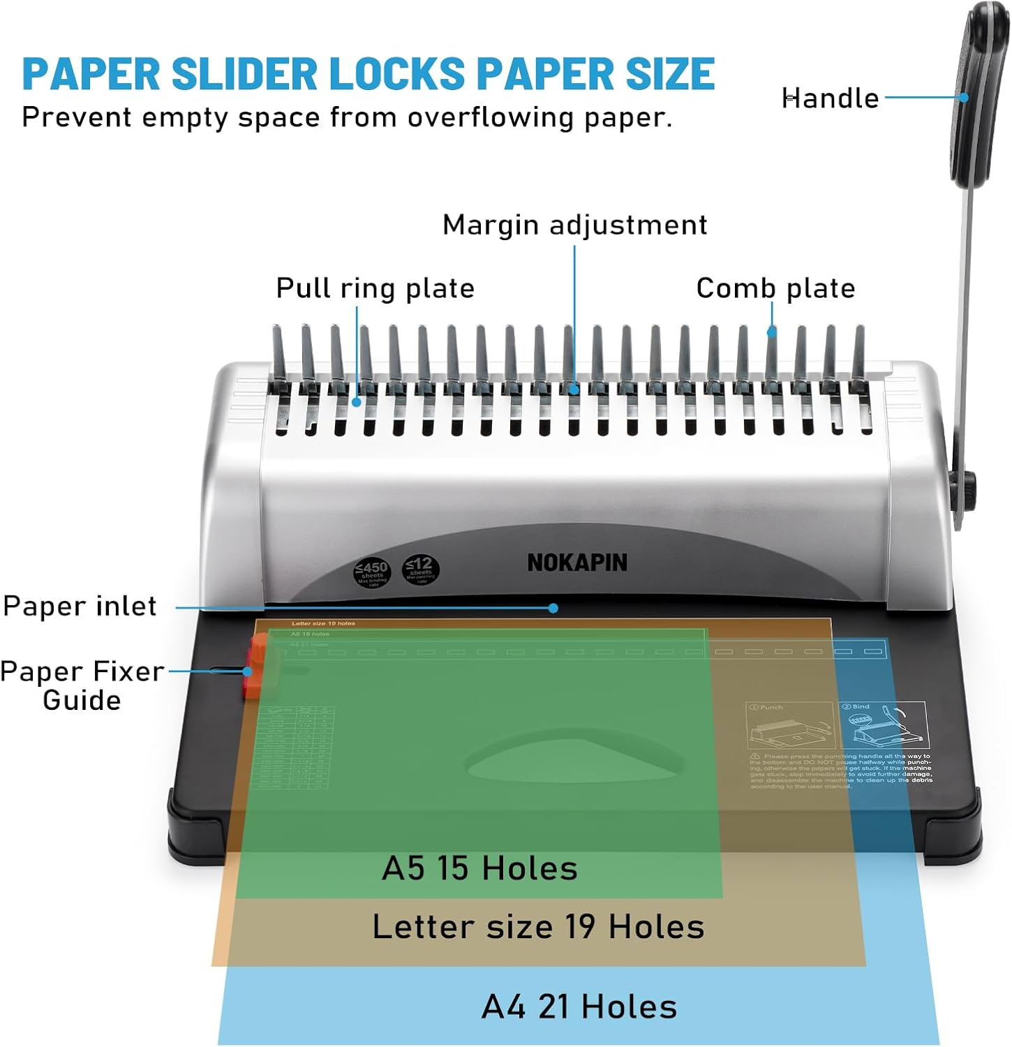 BINDING MACHINE, BOOK BINDER MACHINE 21-HOLES, 450 SHEETS, COMB BINDING MACHINE WITH STARTER KIT 100 PCS 3/8'' COMB BINDING SPINES, SPIRAL BINDING MACHINE FOR LETTER SIZE, A4, A5 OR SMALLER SIZES