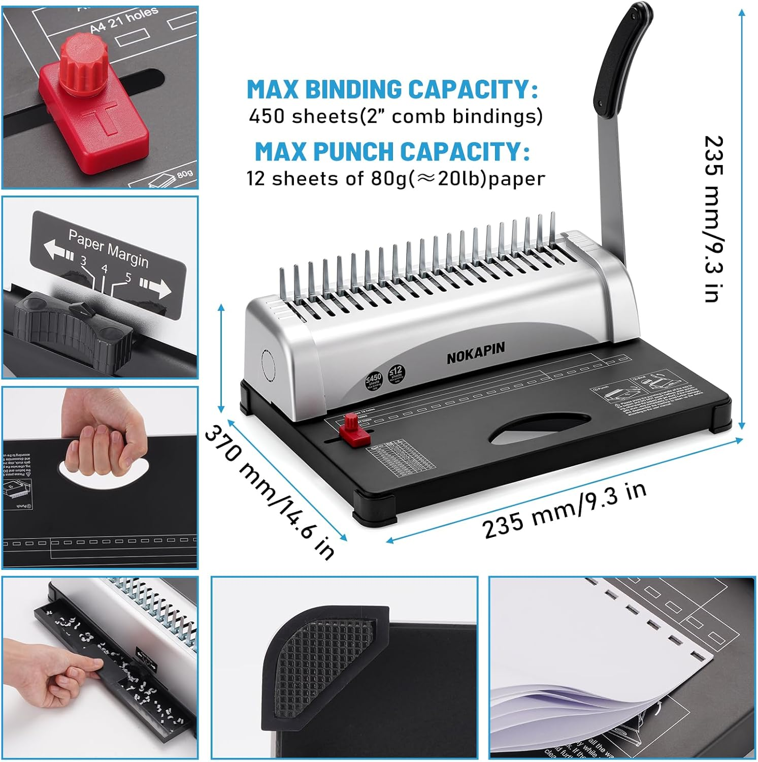BINDING MACHINE, BOOK BINDER MACHINE 21-HOLES, 450 SHEETS, COMB BINDING MACHINE WITH STARTER KIT 100 PCS 3/8'' COMB BINDING SPINES, SPIRAL BINDING MACHINE FOR LETTER SIZE, A4, A5 OR SMALLER SIZES
