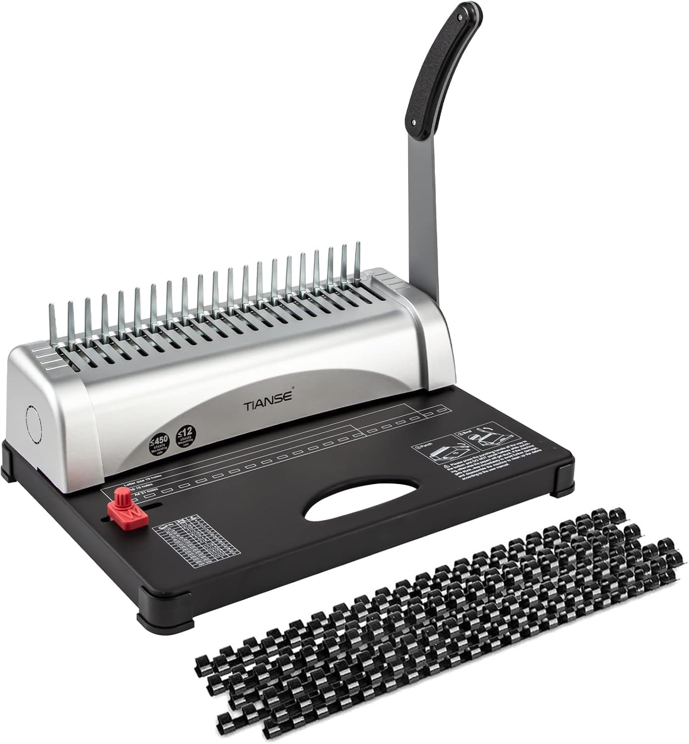 TIANSE BINDING MACHINE, 21-HOLES, 450 SHEETS, COMB BINDING MACHINES WITH STARTER KIT 100 PCS 3/8'' COMB BINDING SPINES, COMB BINDER MACHINE BOOK MAKER PERFECT FOR LETTER SIZE, A4, A5 OR SMALLER SIZES