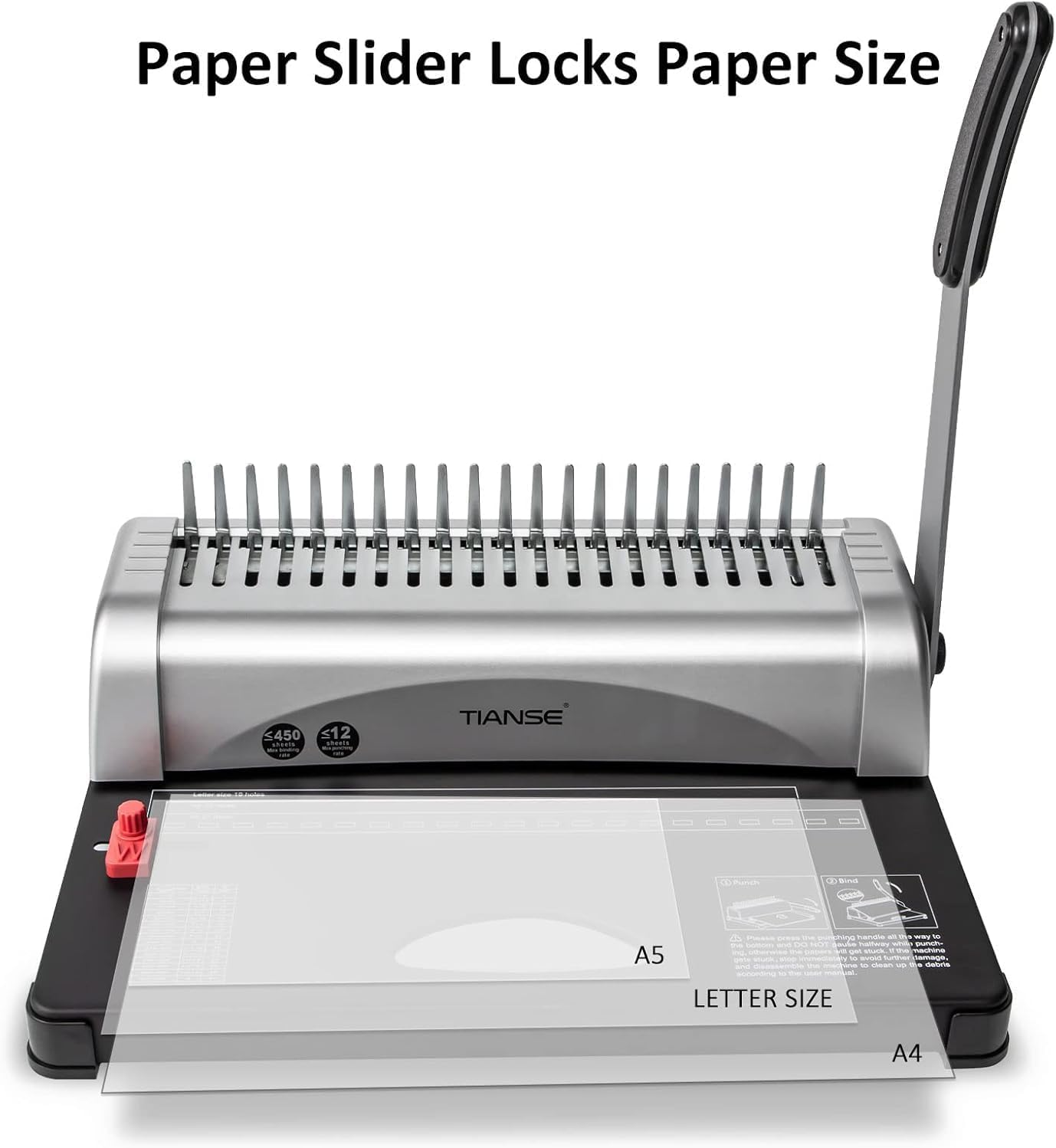 TIANSE BINDING MACHINE, 21-HOLES, 450 SHEETS, COMB BINDING MACHINES WITH STARTER KIT 100 PCS 3/8'' COMB BINDING SPINES, COMB BINDER MACHINE BOOK MAKER PERFECT FOR LETTER SIZE, A4, A5 OR SMALLER SIZES