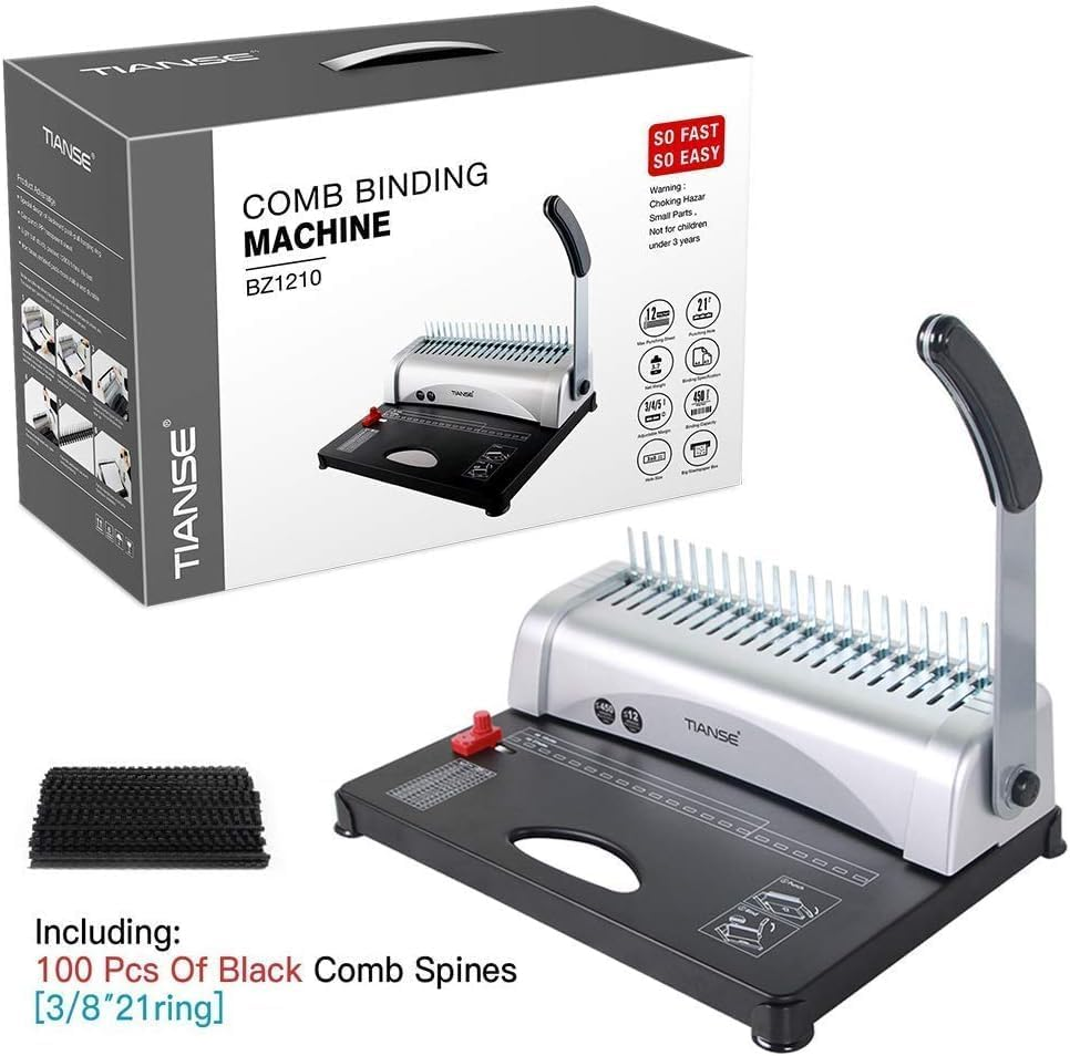 TIANSE BINDING MACHINE, 21-HOLES, 450 SHEETS, COMB BINDING MACHINES WITH STARTER KIT 100 PCS 3/8'' COMB BINDING SPINES, COMB BINDER MACHINE BOOK MAKER PERFECT FOR LETTER SIZE, A4, A5 OR SMALLER SIZES