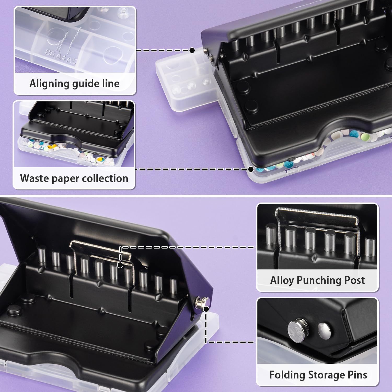 IMLIKE 10-HOLE BINDING MACHINE FOR PLANNERS - METAL MANUAL BINDING SYSTEM WITH 10 MULTI-COLOR 30-HOLE LOOSE LEAF BINDING SPINES - PUNCHES 26 HOLES ON B5, 30 HOLES ON A4, 20 HOLES ON A5 PAPER - BLACK