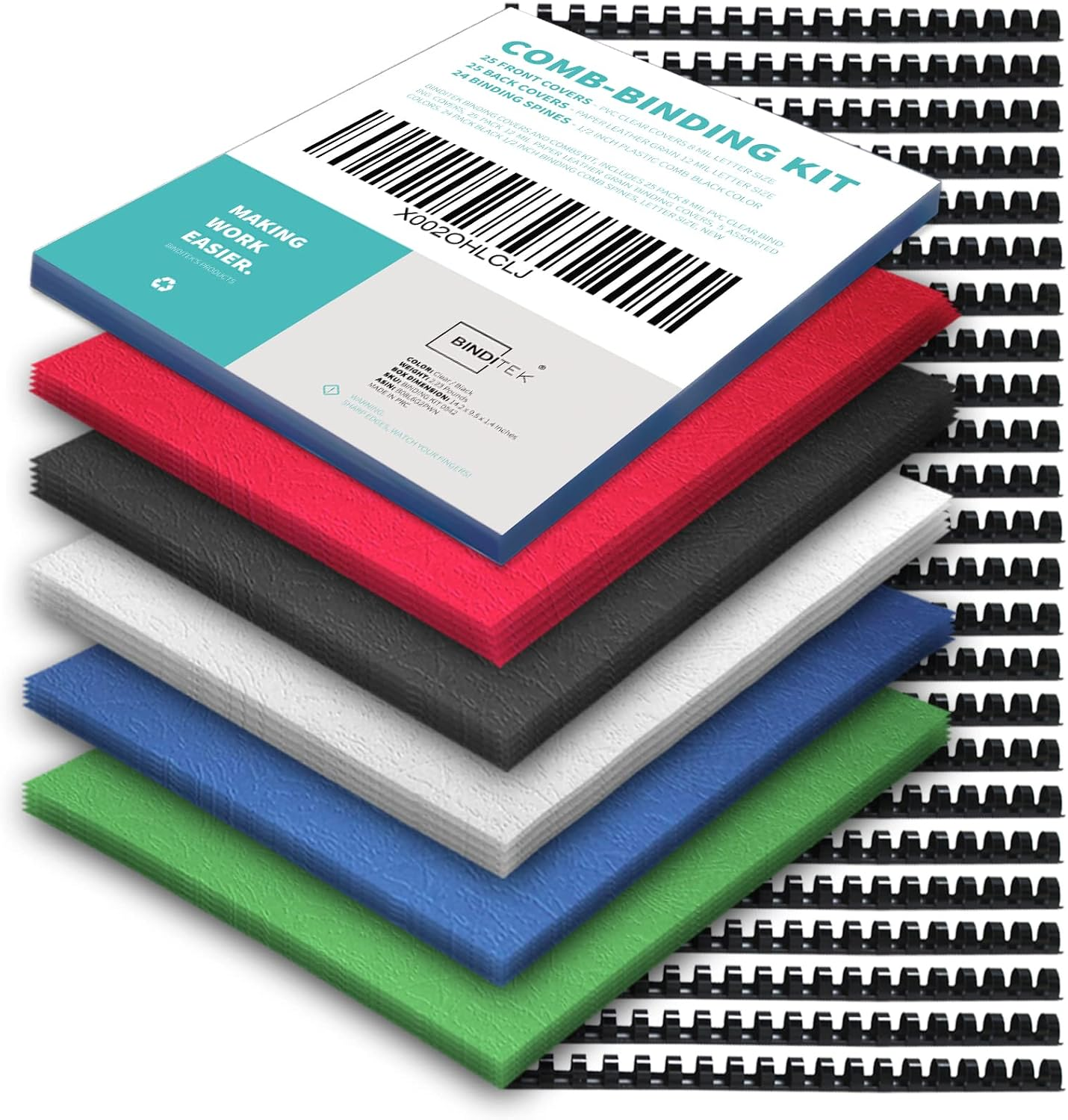BINDITEK 74 PACK BINDING COVERS AND COMBS KIT, INCLUDES 25 PCS CLEAR PVC BINDING COVERS, 24 PCS BINDING COMBS, 25 PCS COLOR PAPER COVERS, FOR 8.5X11 INCHES, FOR STUDENTS AND COWORKERS