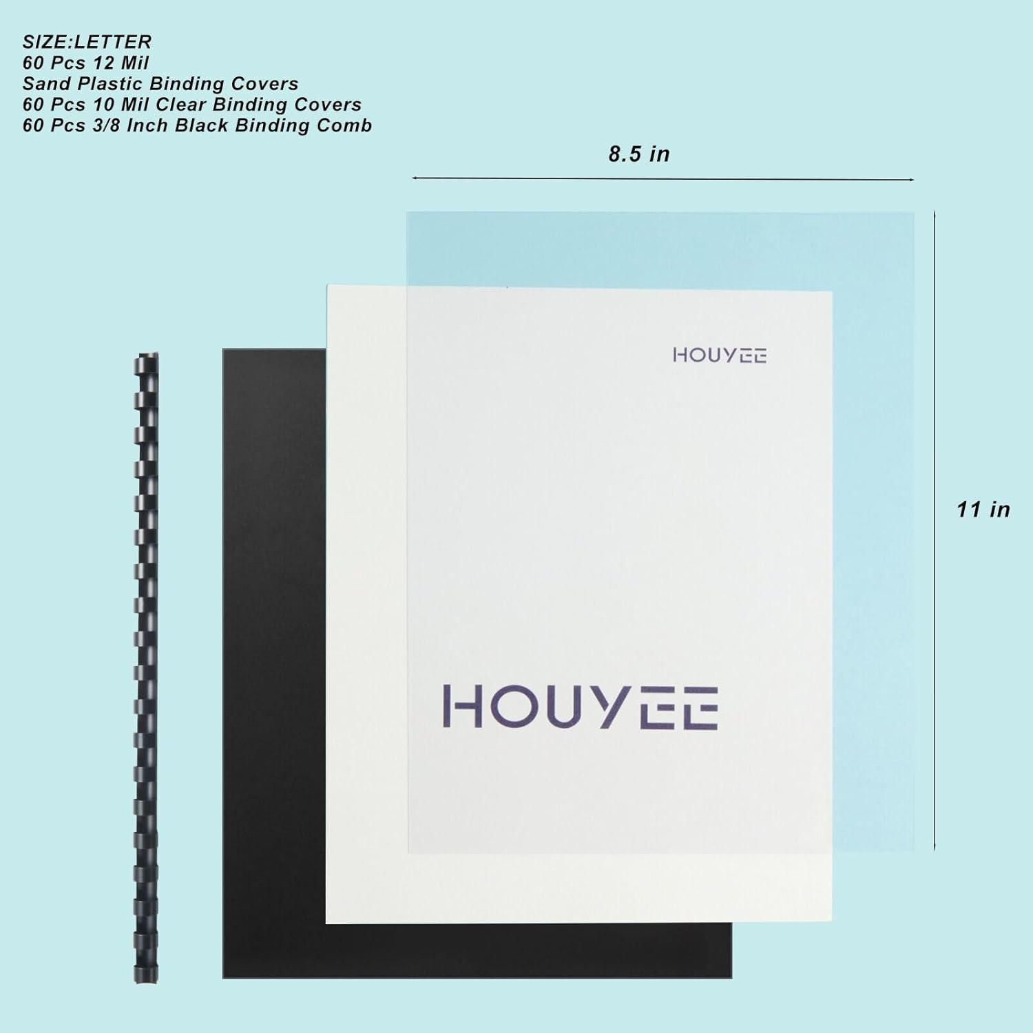 HOUYEE 180 PACK BINDING COVERS SET: 60 PCS OF BLACK BINDING COMBS IN 3/8 INCH DIAMETER, 8.5X11 INCHES, 60 PCS 10 MIL CLEAR BINDING COVERS, 60 PCS 12MIL SAND TEXTURE POLY BINDING COVERS, LETTER SIZE