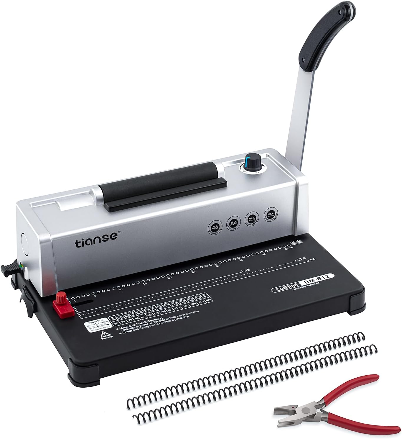 TIANSE BINDING MACHINE, SPIRAL COIL BINDER MACHINE, MANUAL BOOK MAKER PUNCH BINDER WITH ELECTRIC COIL INSERTER, SUIT FOR LETTER SIZE / A4 / A5 WITH 100PCS 5/16'' PLASTIC COIL BINDING SPINES & PLIER