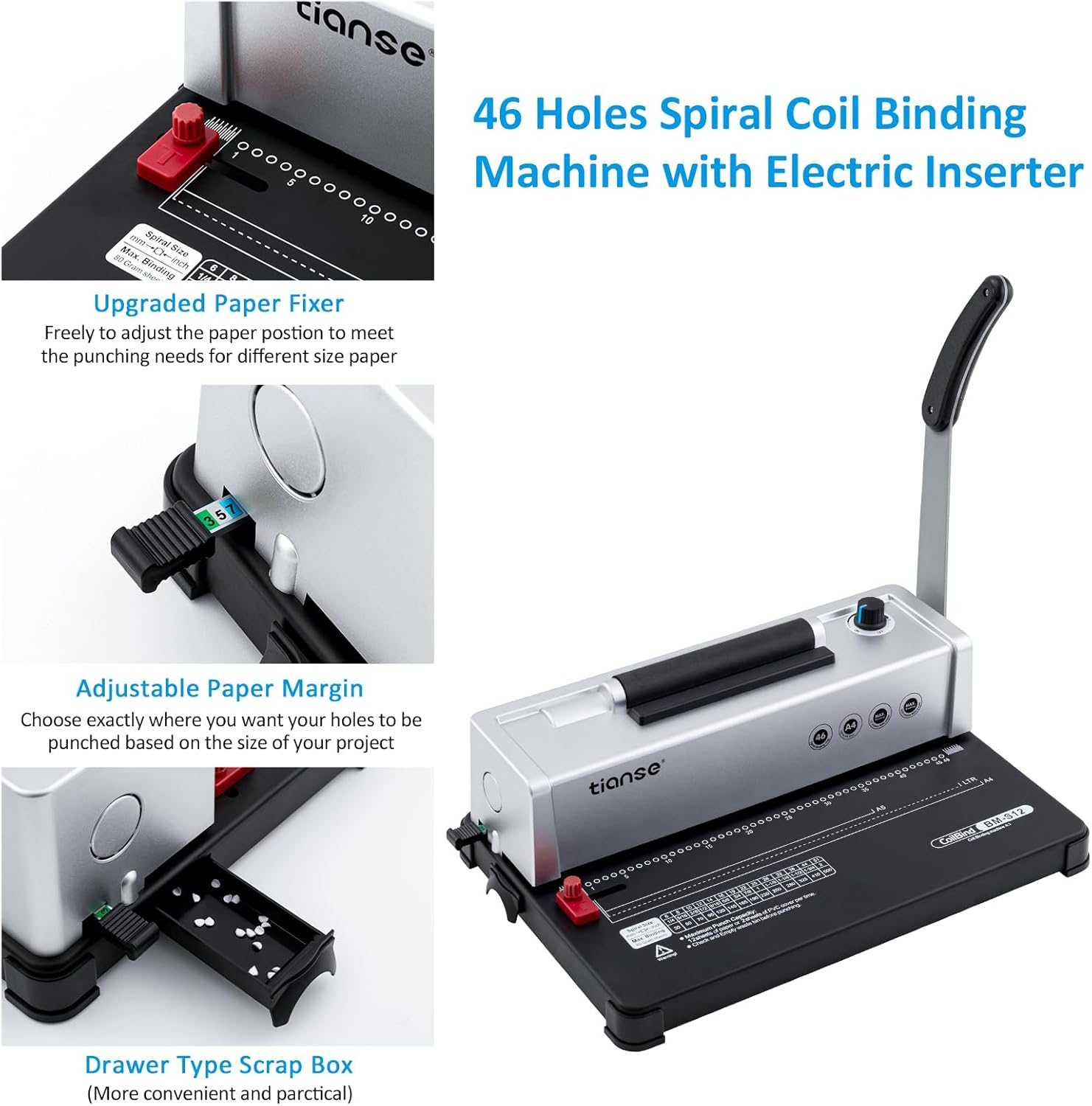 TIANSE BINDING MACHINE, SPIRAL COIL BINDER MACHINE, MANUAL BOOK MAKER PUNCH BINDER WITH ELECTRIC COIL INSERTER, SUIT FOR LETTER SIZE / A4 / A5 WITH 100PCS 5/16'' PLASTIC COIL BINDING SPINES & PLIER