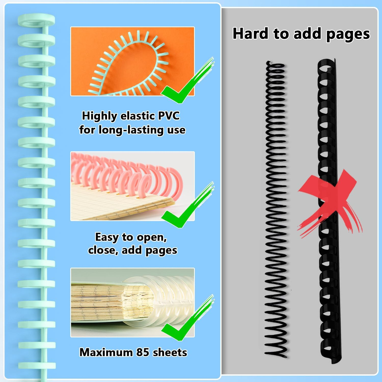 COMB BINDING SPINES EASY TO OPEN CLOSE ADDING PAGES FOR BINDING MACHINE WORKLION 1/2 INCH DIAMETER 30 RING PLASTIC BINDER COMBS AND SPINES MAXIMUM 85 SHEETS 10 PIECES
