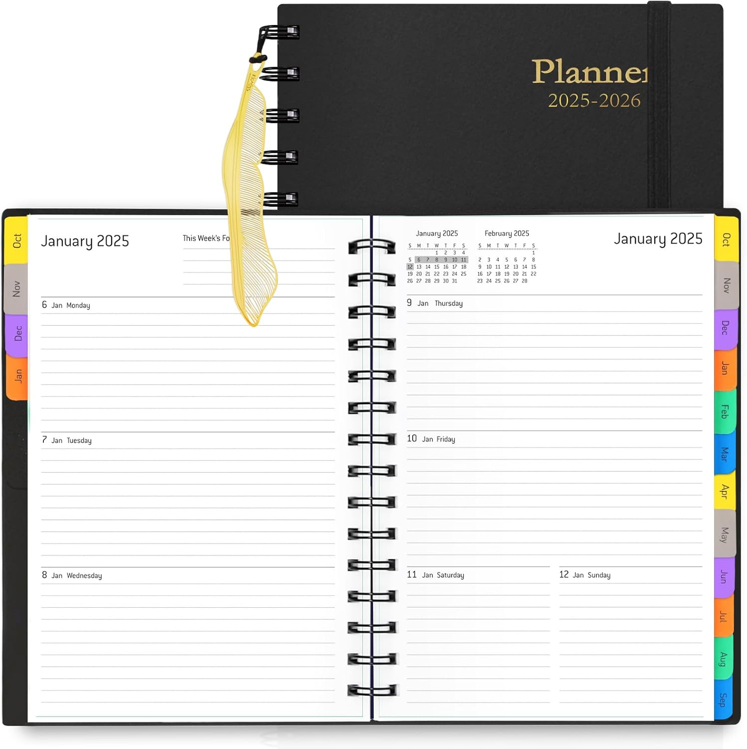 DAILY PLANNER 2025-2026 - 18 MONTH PLANNER WITH TABS, CALENDAR YEARLY MONTHLY WEEKLY SPIRAL TIME MANAGEMENT PLANNER, OCTOBER 2024 - MARCH 2026, FLEXIBLE COVER, 100GSM THICK PAPER, A5 SIZE, BLACK