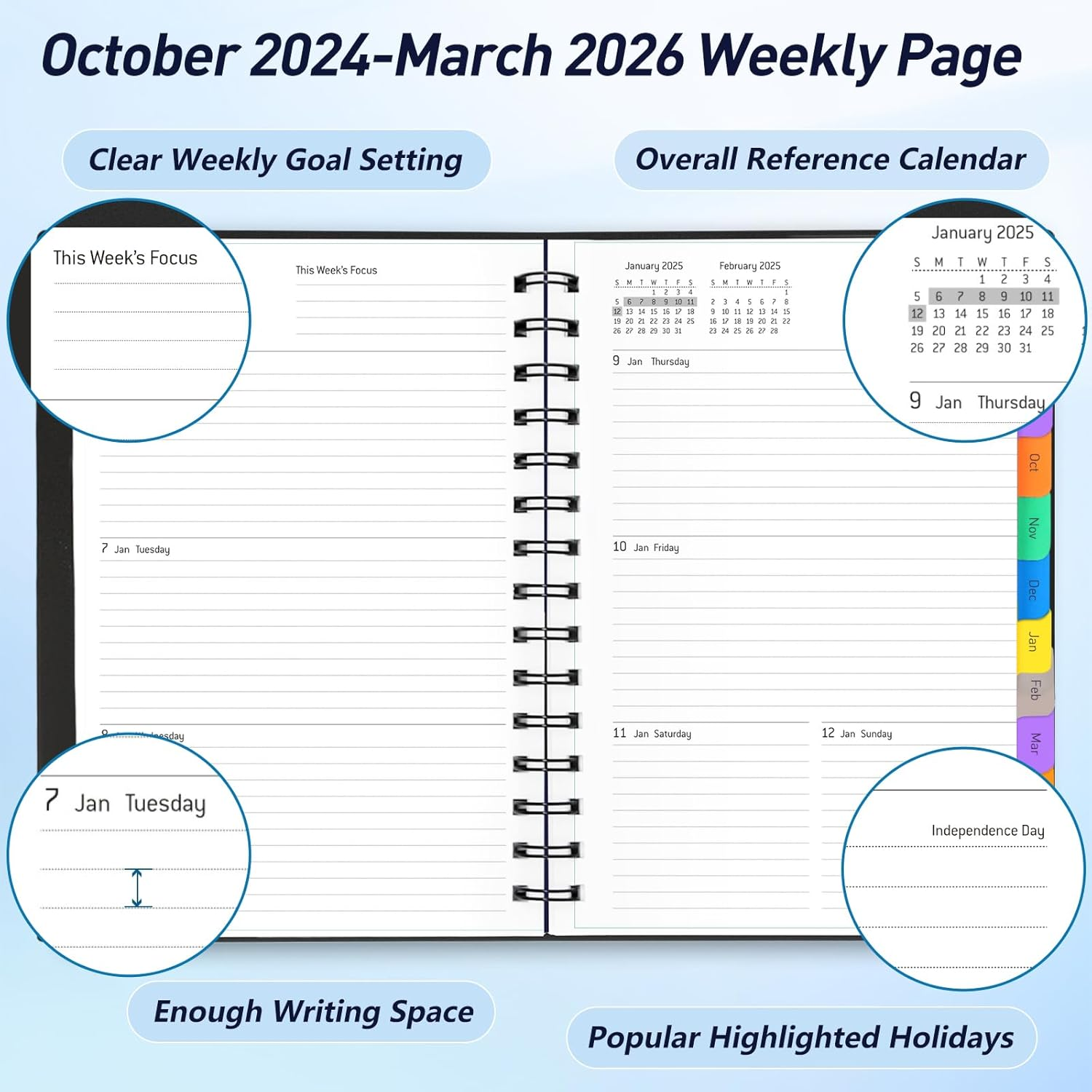 DAILY PLANNER 2025-2026 - 18 MONTH PLANNER WITH TABS, CALENDAR YEARLY MONTHLY WEEKLY SPIRAL TIME MANAGEMENT PLANNER, OCTOBER 2024 - MARCH 2026, FLEXIBLE COVER, 100GSM THICK PAPER, A5 SIZE, BLACK