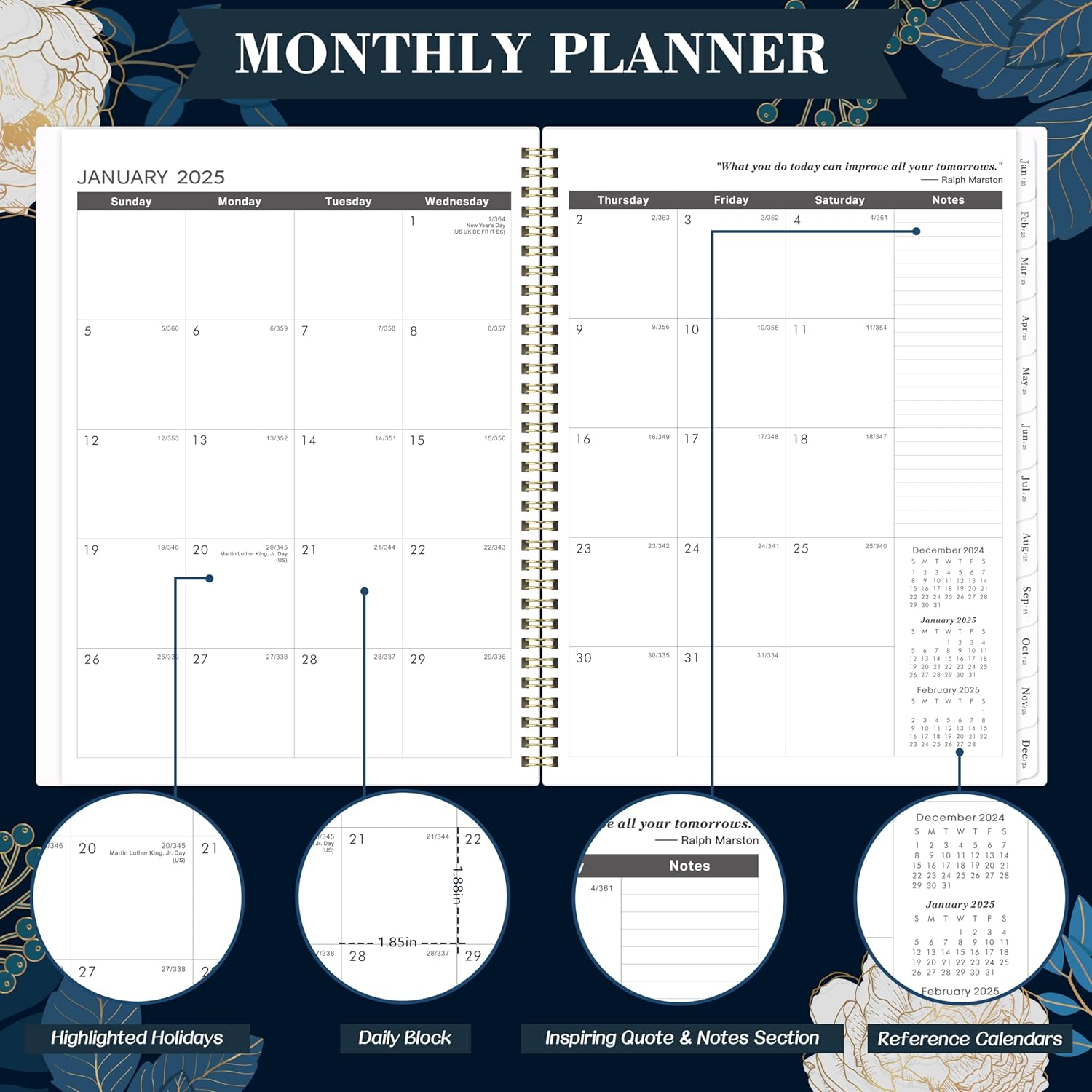 2025-2026 MONTHLY PLANNER - 2 YEAR MONTHLY PLANNER/CALENDAR 2025-2026, 11" x 9", JAN 2025 - DEC 2026, 24 MONTHLY PLANNER, TABS, BACK POCKET, HOLIDAYS, TWIN-WIRE BINDING, NOTE PAGES