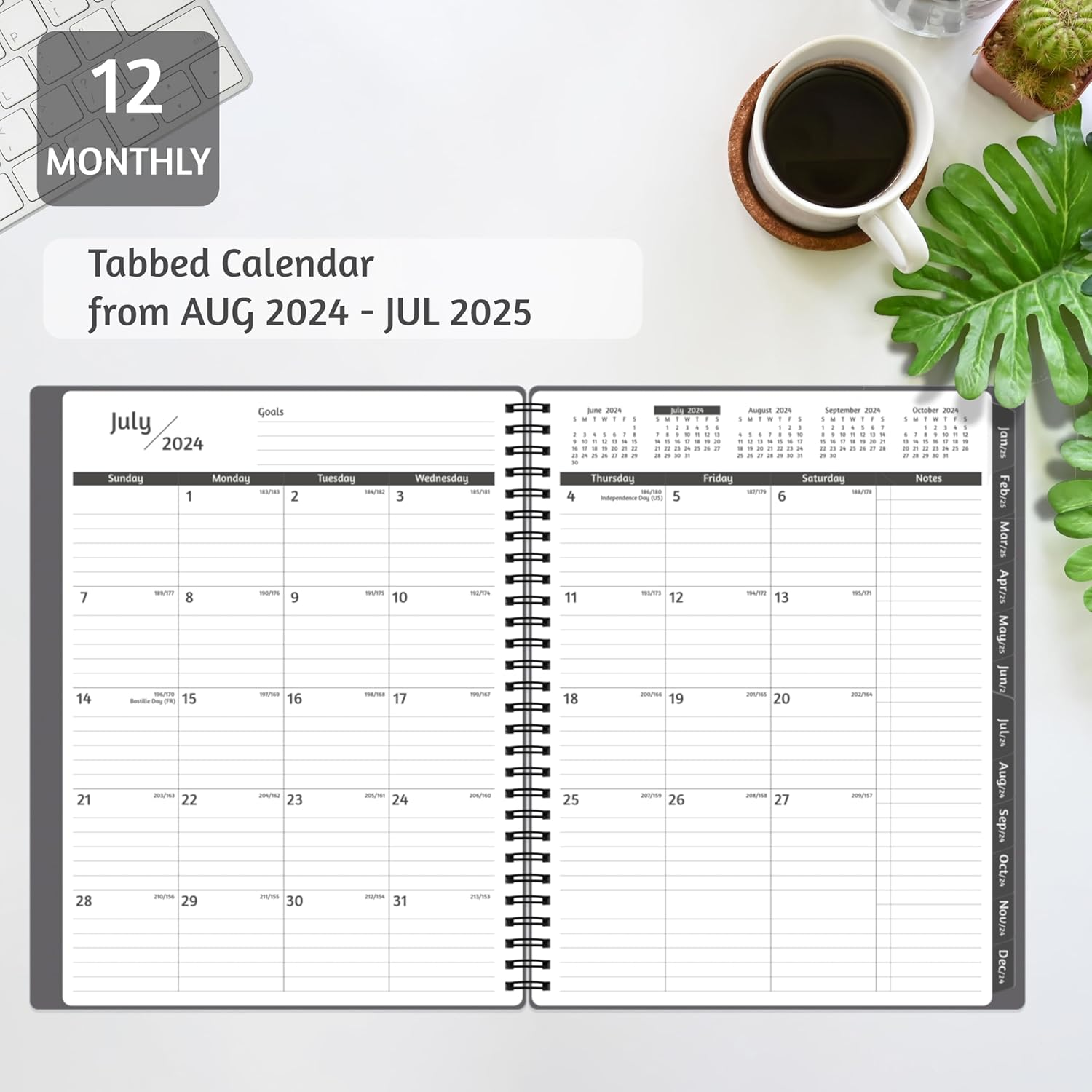 MONTHLY PLANNER 2024-2025, 18 MONTHS CALENDAR PLANNER 2024-2025, JUL 2024 – DEC 2025, 9'' x 11'' WITH RULED SPREAD, FLEXIBLE COVER, SPIRAL WIREBOUND, POCKET, COATED TABS, NOTES & HABIT TRACKER, GREY