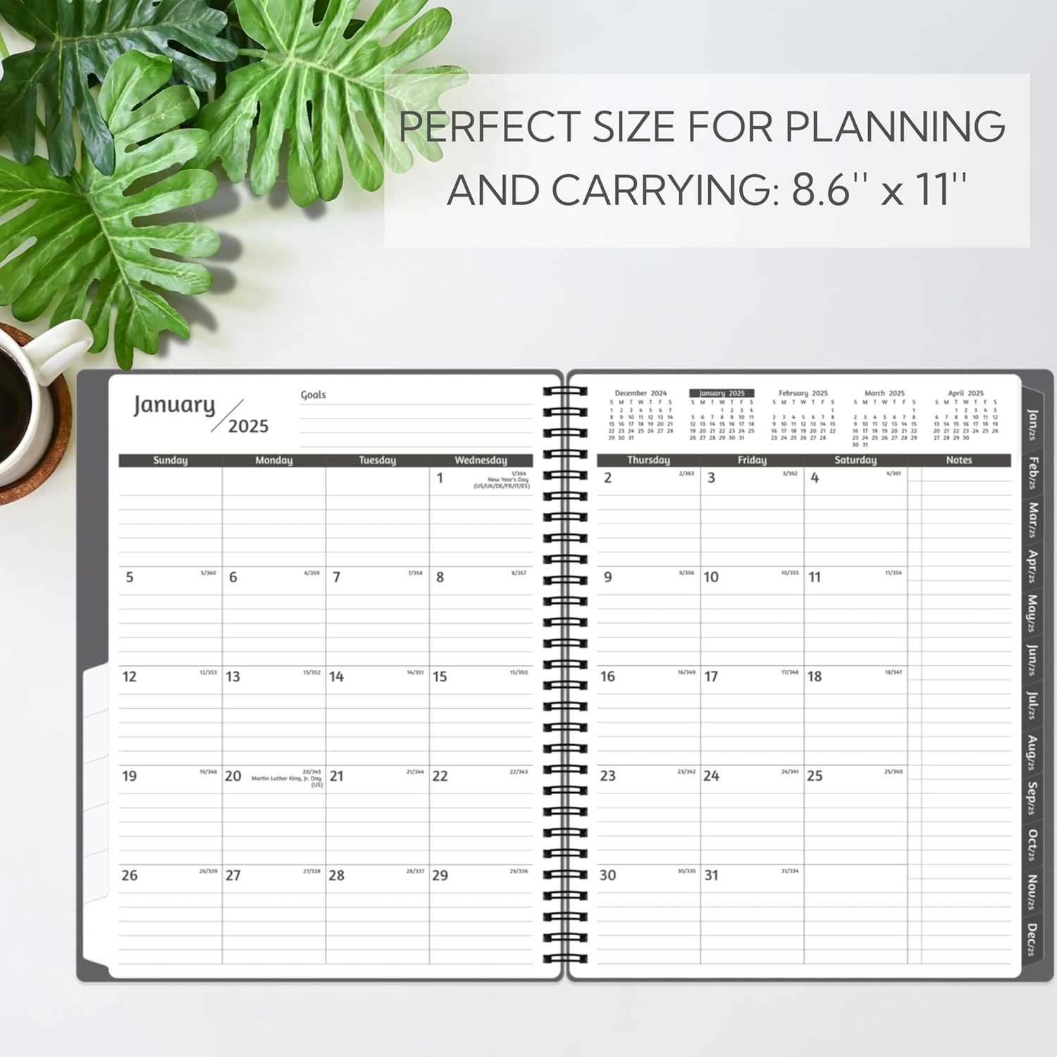 MONTHLY PLANNER 2024-2025, 18 MONTHS CALENDAR PLANNER 2024-2025, JUL 2024 – DEC 2025, 9'' x 11'' WITH RULED SPREAD, FLEXIBLE COVER, SPIRAL WIREBOUND, POCKET, COATED TABS, NOTES & HABIT TRACKER, GREY