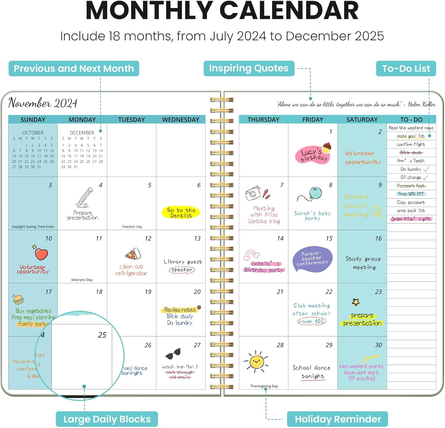 MONTHLY PLANNER 2024-2025, 2024 CALENDAR 18 MONTHS PLANNER, JUL 2024 - DEC 2025, 7.4" x 9.6", 2024 PLANNER SPIRAL BOUND, PERFECT FOR SCHOOL & OFFICE - 24.7-25.12 - GREEN