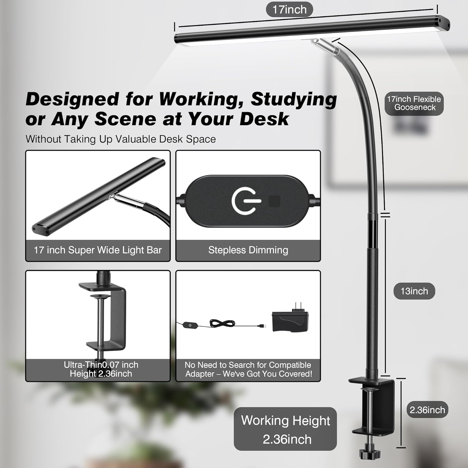 LED DESK LAMP FOR OFFICE HOME, EYE-CARING DESK LIGHT WITH STEPLESS DIMMING ADJUSTABLE FLEXIBLE GOOSENECK, 10W USB ADAPTER DESK LAMP WITH CLAMP FOR READING, STUDY, WORKBENCH (BLACK)