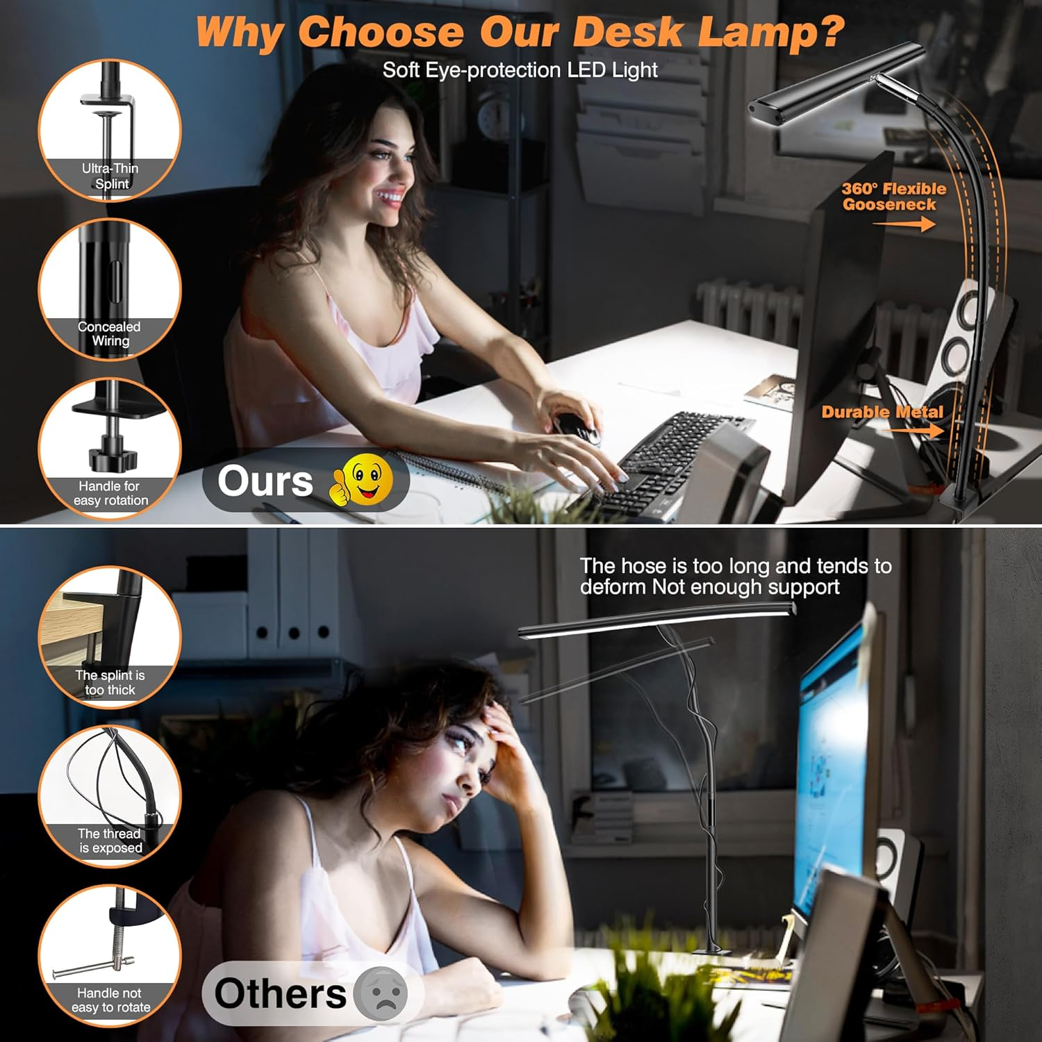 LED DESK LAMP FOR OFFICE HOME, EYE-CARING DESK LIGHT WITH STEPLESS DIMMING ADJUSTABLE FLEXIBLE GOOSENECK, 10W USB ADAPTER DESK LAMP WITH CLAMP FOR READING, STUDY, WORKBENCH (BLACK)