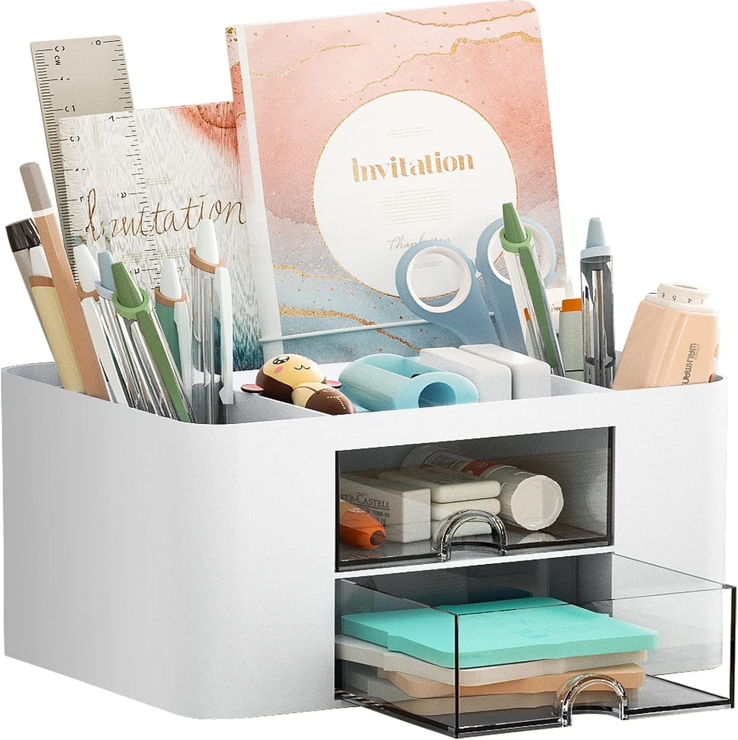 MARBRASSE PEN ORGANIZER WITH 2 DRAWER, MULTI-FUNCTIONAL PENCIL HOLDER FOR DESK, DESK ORGANIZERS AND ACCESSORIES WITH 5 COMPARTMENTS + DRAWER FOR OFFICE ART SUPPLIES (WHITE)