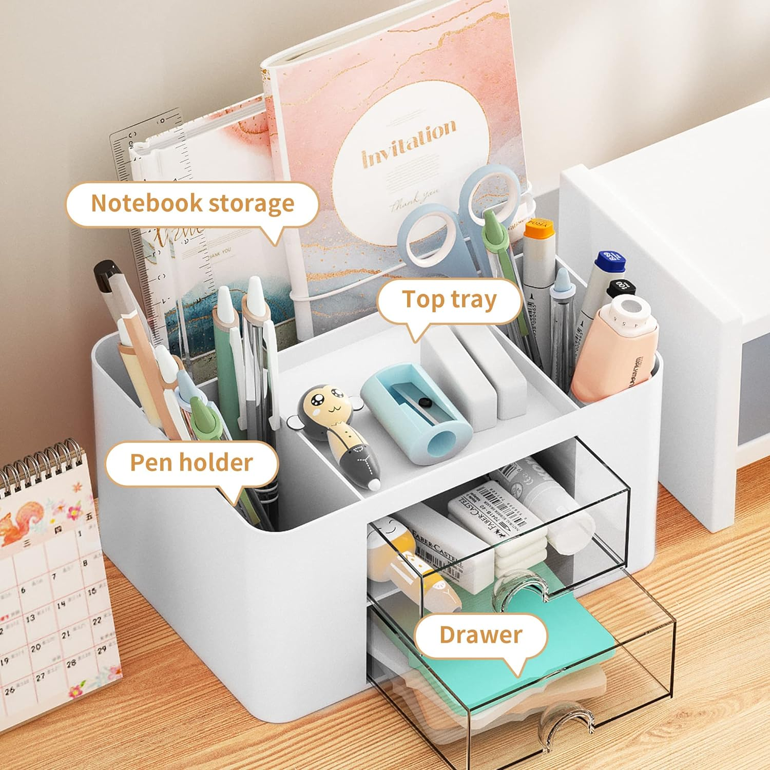 MARBRASSE PEN ORGANIZER WITH 2 DRAWER, MULTI-FUNCTIONAL PENCIL HOLDER FOR DESK, DESK ORGANIZERS AND ACCESSORIES WITH 5 COMPARTMENTS + DRAWER FOR OFFICE ART SUPPLIES (WHITE)