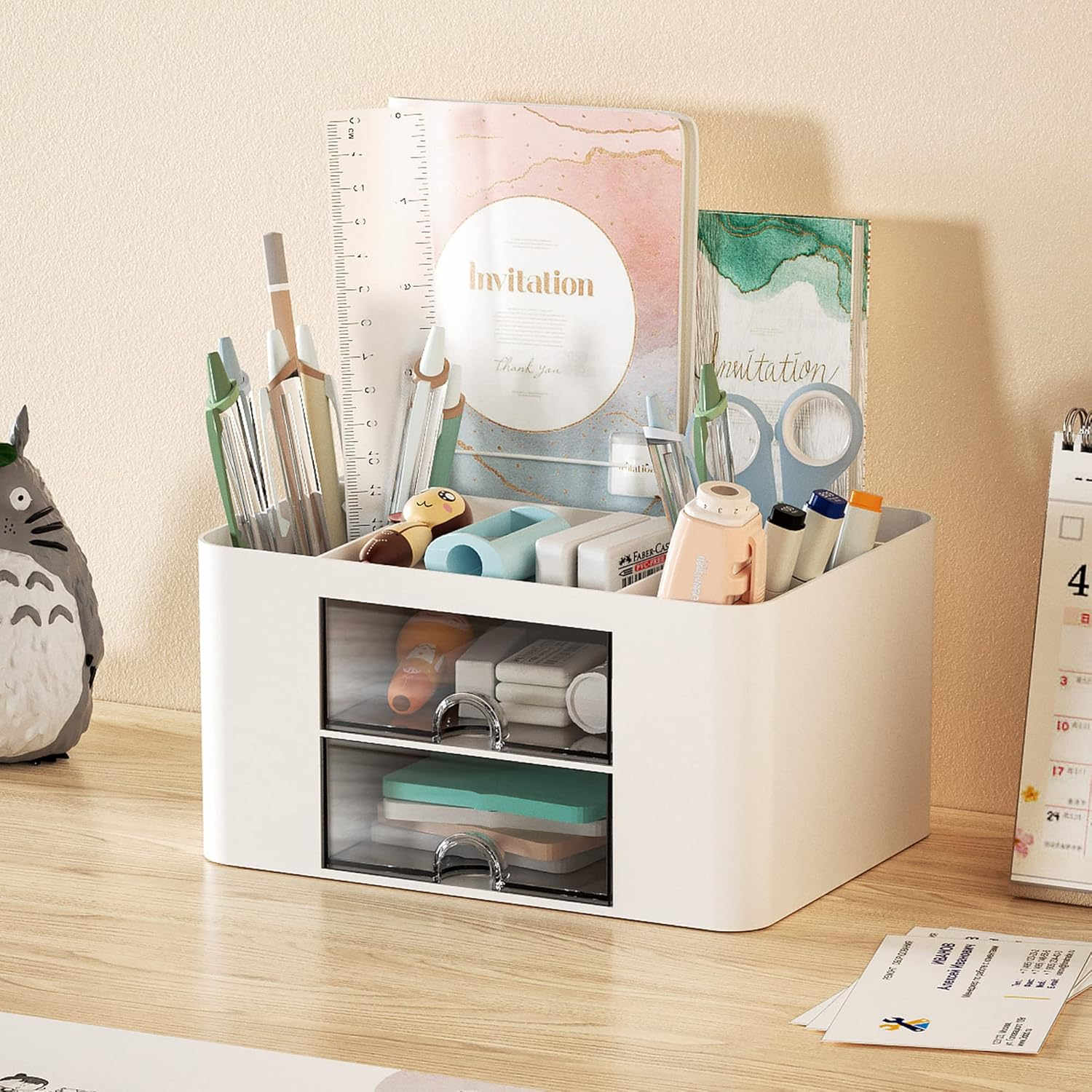 MARBRASSE PEN ORGANIZER WITH 2 DRAWER, MULTI-FUNCTIONAL PENCIL HOLDER FOR DESK, DESK ORGANIZERS AND ACCESSORIES WITH 5 COMPARTMENTS + DRAWER FOR OFFICE ART SUPPLIES (WHITE)