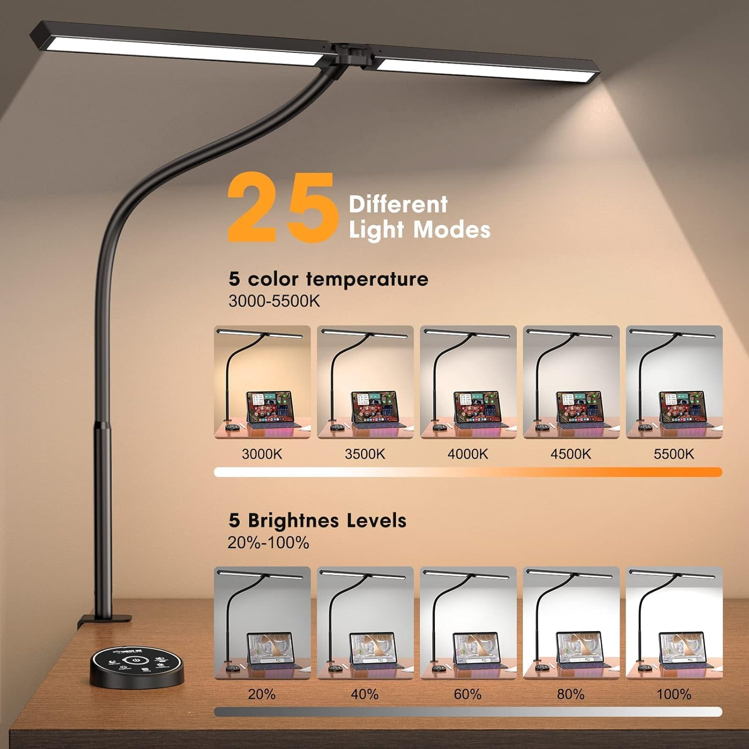 LED DESK LAMP FOR OFFICE HOME - EYE CARING ARCHITECT LAMP WITH CLAMP, DUAL SCREEN COMPUTER MONITOR GOOSENECK SMART LIGHT: 24W 5 COLOR FLEXIBLE ADJUSTABLE LIGHTING TABLE LAMP FOR STUDY DRAFTING