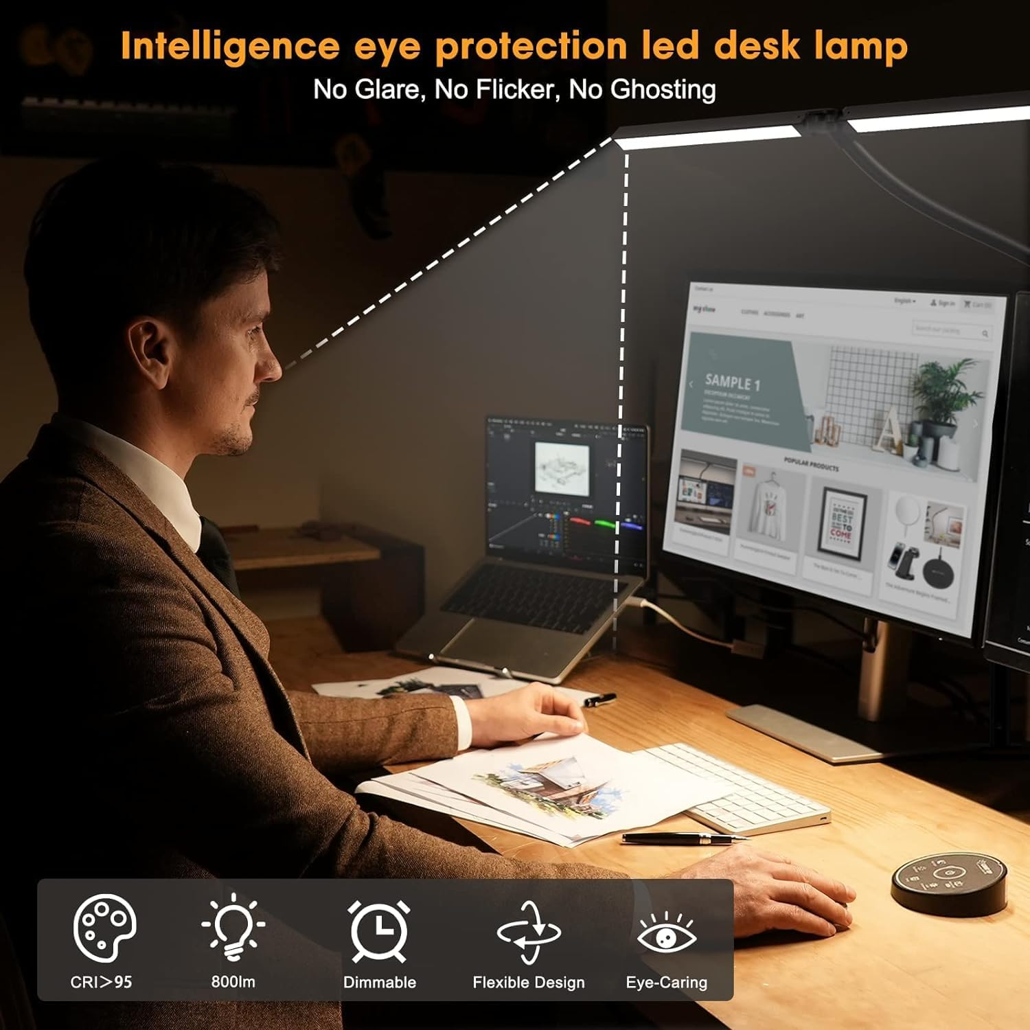 LED DESK LAMP FOR OFFICE HOME - EYE CARING ARCHITECT LAMP WITH CLAMP, DUAL SCREEN COMPUTER MONITOR GOOSENECK SMART LIGHT: 24W 5 COLOR FLEXIBLE ADJUSTABLE LIGHTING TABLE LAMP FOR STUDY DRAFTING