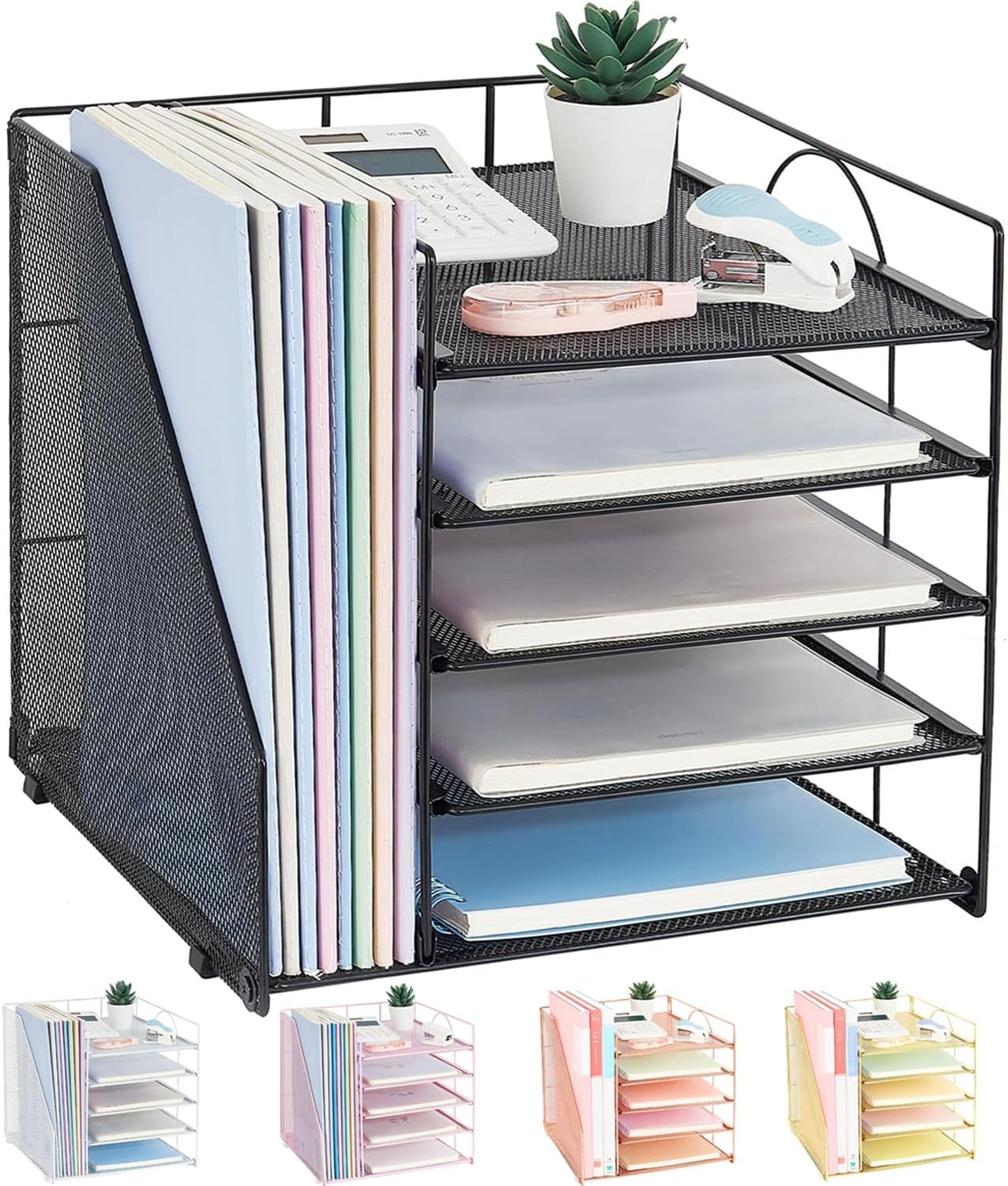 DESK ORGANIZERS AND ACCESSORIES, 5-TIER PAPER LETTER TRAY ORGANIZER WITH FILE HOLDER, DESKTOP ORGANIZER FOR OFFICE SUPPLIES, OFFICE DESK ACCESSORIES & WORKSPACE (BLACK)