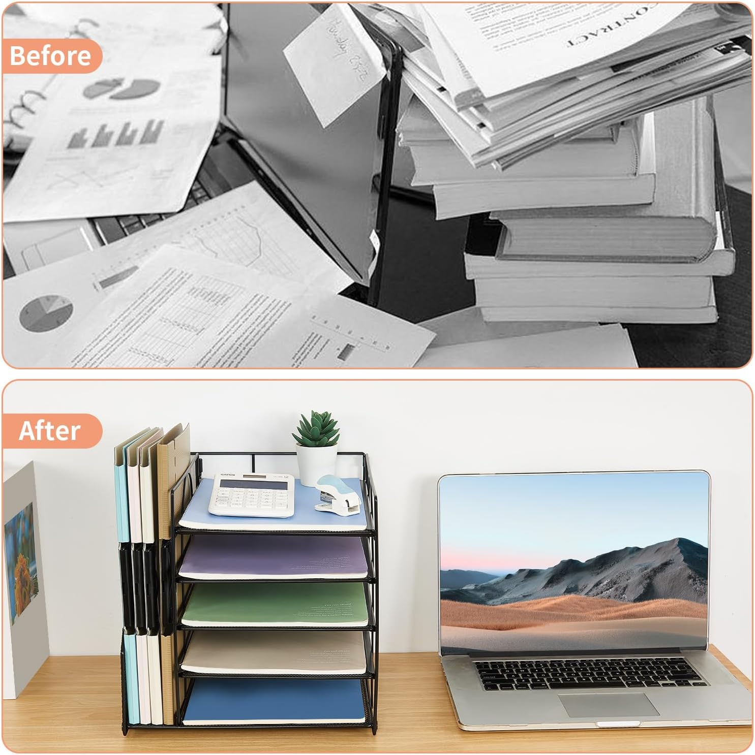 DESK ORGANIZERS AND ACCESSORIES, 5-TIER PAPER LETTER TRAY ORGANIZER WITH FILE HOLDER, DESKTOP ORGANIZER FOR OFFICE SUPPLIES, OFFICE DESK ACCESSORIES & WORKSPACE (BLACK)
