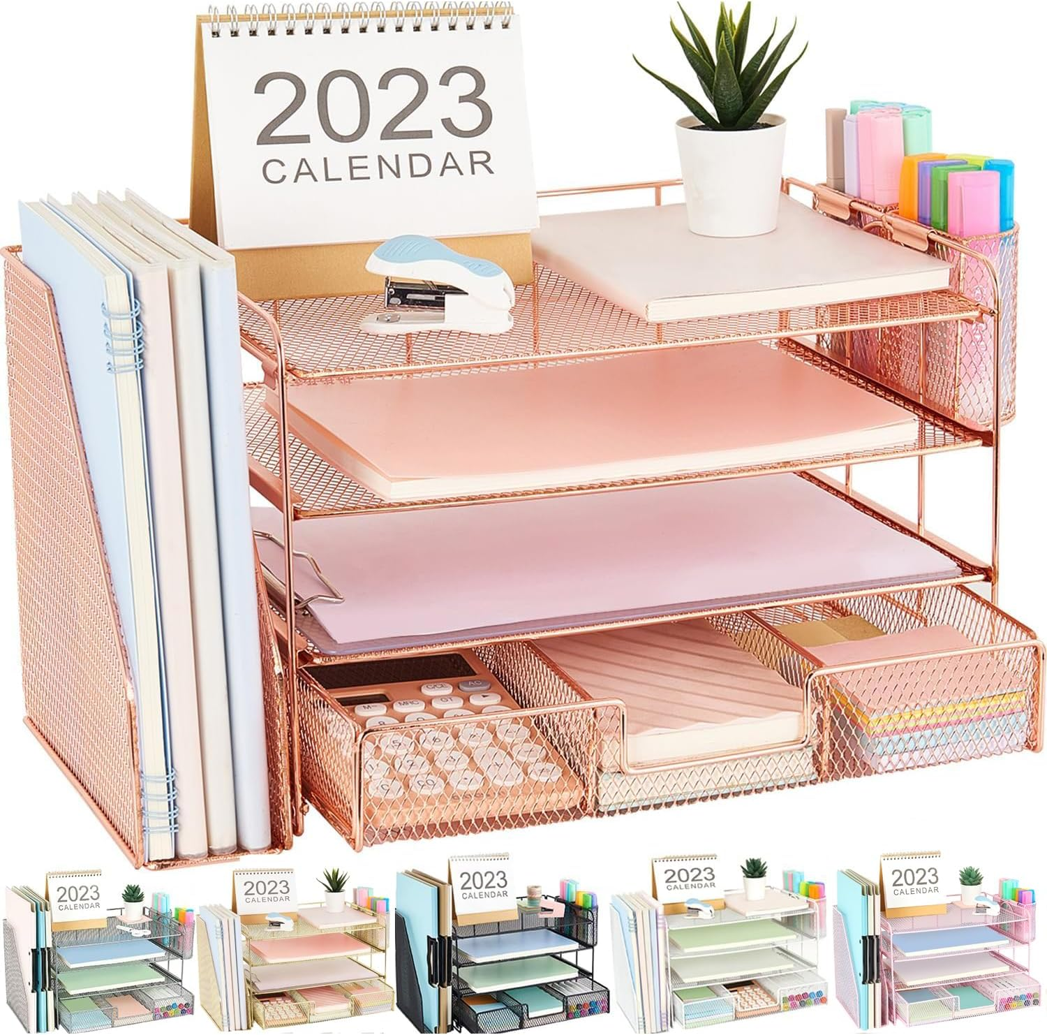 GIANOTTER PAPER LETTER TRAY ORGANIZER WITH FILE HOLDER, 4-TIER DESK ACCESSORIES & WORKSPACE DESK ORGANIZERS WITH DRAWER AND 2 PEN HOLDER FOR OFFICE SUPPLIES