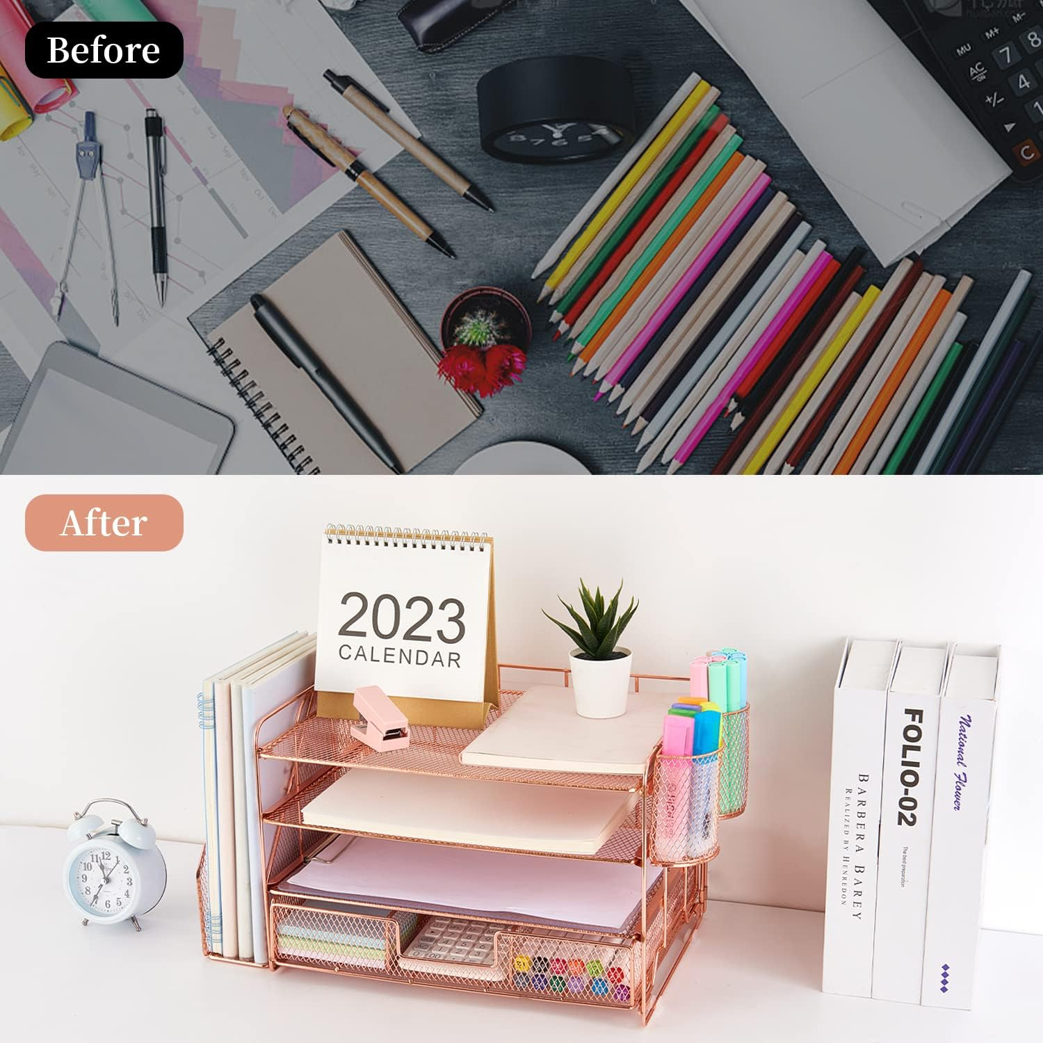 GIANOTTER PAPER LETTER TRAY ORGANIZER WITH FILE HOLDER, 4-TIER DESK ACCESSORIES & WORKSPACE DESK ORGANIZERS WITH DRAWER AND 2 PEN HOLDER FOR OFFICE SUPPLIES