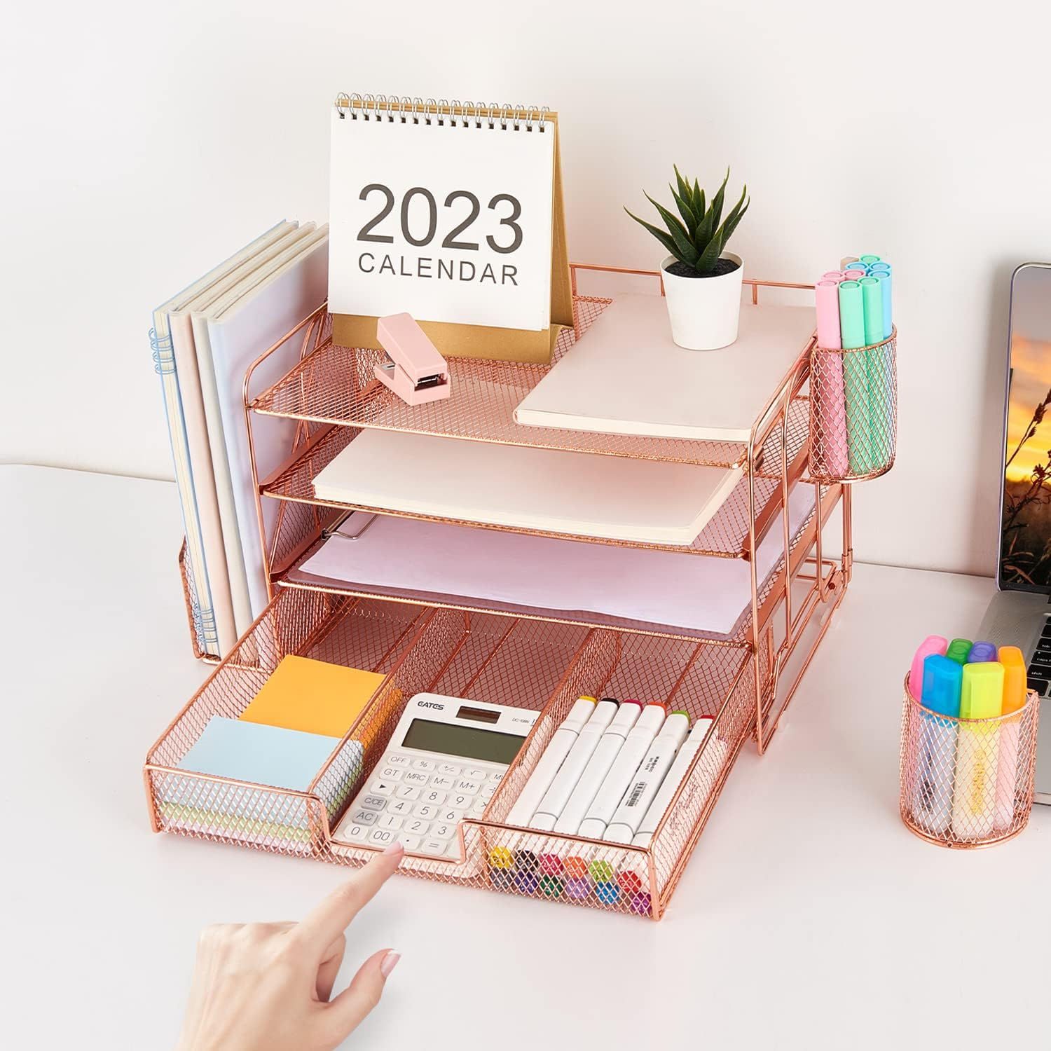 GIANOTTER PAPER LETTER TRAY ORGANIZER WITH FILE HOLDER, 4-TIER DESK ACCESSORIES & WORKSPACE DESK ORGANIZERS WITH DRAWER AND 2 PEN HOLDER FOR OFFICE SUPPLIES