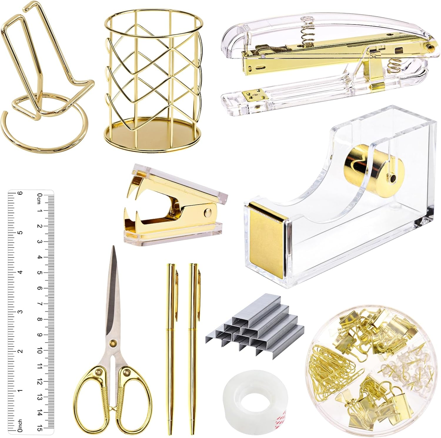 EOOUT GOLD OFFICE SUPPLIES SET DESK ACCESSORIES, ACRYLIC STAPLER SET WITH STAPLE REMOVER, PHONE HOLDER, TAPE HOLDER, PEN HOLDER, 2 BALLPOINT PENS, SCISSORS, BINDER CLIPS, RULER, TRANSPARENT GLUE, AND STAPLES